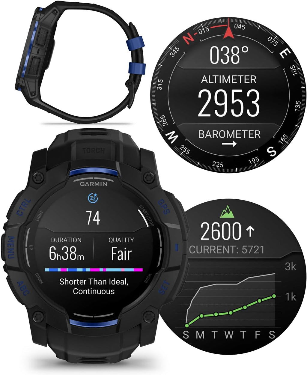 Garmin Instinct 3 Rugged Outdoor GPS Smartwatch - 50 mm AMOLED, Supernova Collection, Limited Edition, Health & Fitness Tracking, Built-in Flashlight, Black/Bolt Blue w/Wearable4U Black EarBuds Bundle