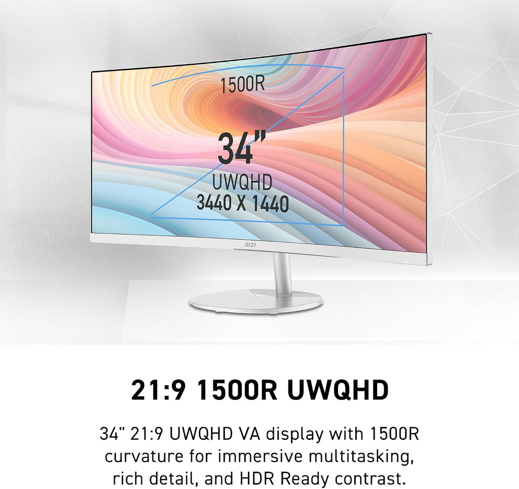 msi PRO MP341CQW E12 34-inch VA 3440 x 1440(UWQHD) Computer Monitor, 120Hz, Adaptive-Sync, HDMI, DisplayPort, VESA Mountable, Speaker, 1ms, White