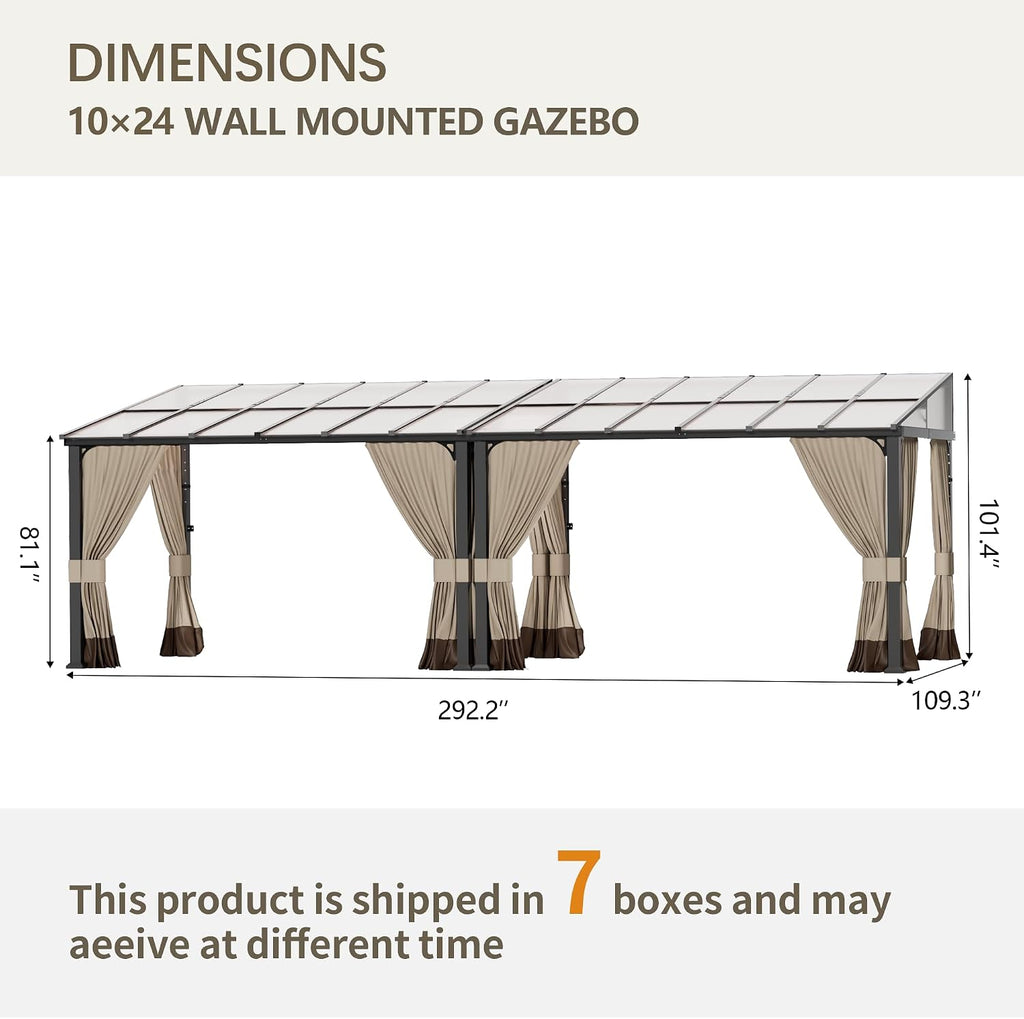 10' x 24' Gazebo for Patio,Wall Mounted Gazebo with Sloping Polycarbonate Roof,Aluminum Frame Outdoor pelgole w/Netting & Curtain for Garden,Backyard,Khaki