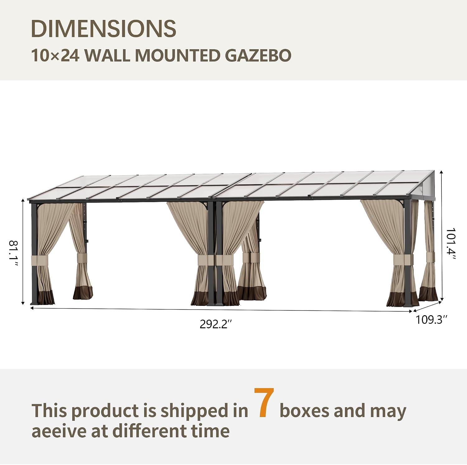 10' x 24' Gazebo for Patio,Wall Mounted Gazebo with Sloping Polycarbonate Roof,Aluminum Frame Outdoor pelgole w/Netting & Curtain for Garden,Backyard,Khaki
