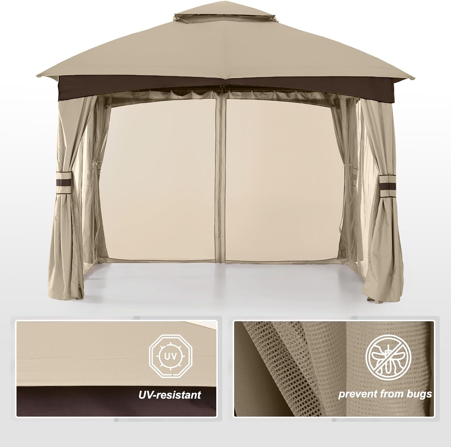 MASTERCANOPY Outdoor Patio Gazebo for Garden with Upgrade Steel Frame and Netting Walls (8x8,Khaki)