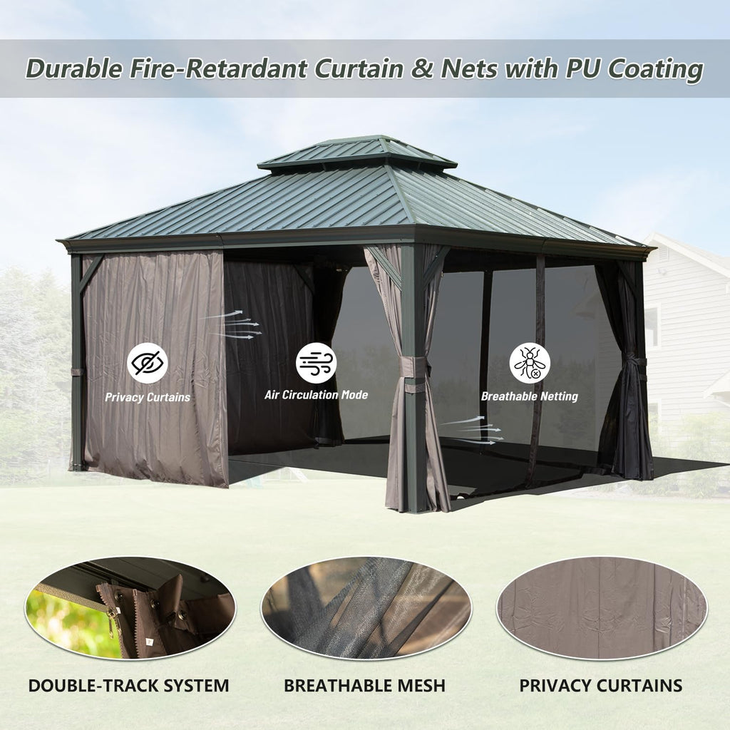 Domi 10'x12' Hardtop Gazebo with Aluminum Frame, Outdoor Metal Gazebo with Galvanized Steel Double Roof, Heavy Duty Curtains and Netting Included, Permanent Pergola for Backyard, Garden Lawn, Grey