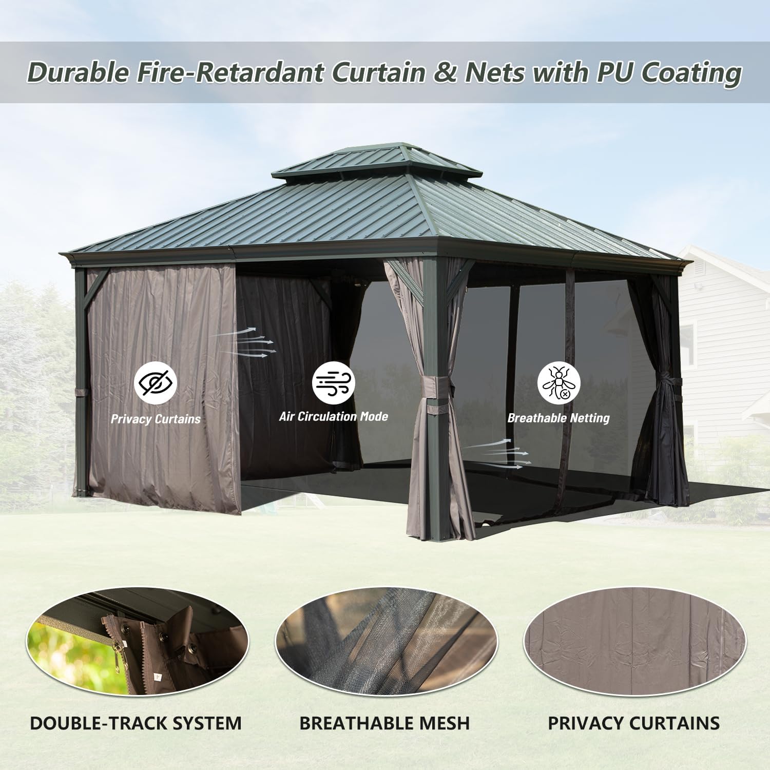 Domi 10'x12' Hardtop Gazebo with Aluminum Frame, Outdoor Metal Gazebo with Galvanized Steel Double Roof, Heavy Duty Curtains and Netting Included, Permanent Pergola for Backyard, Garden Lawn, Grey
