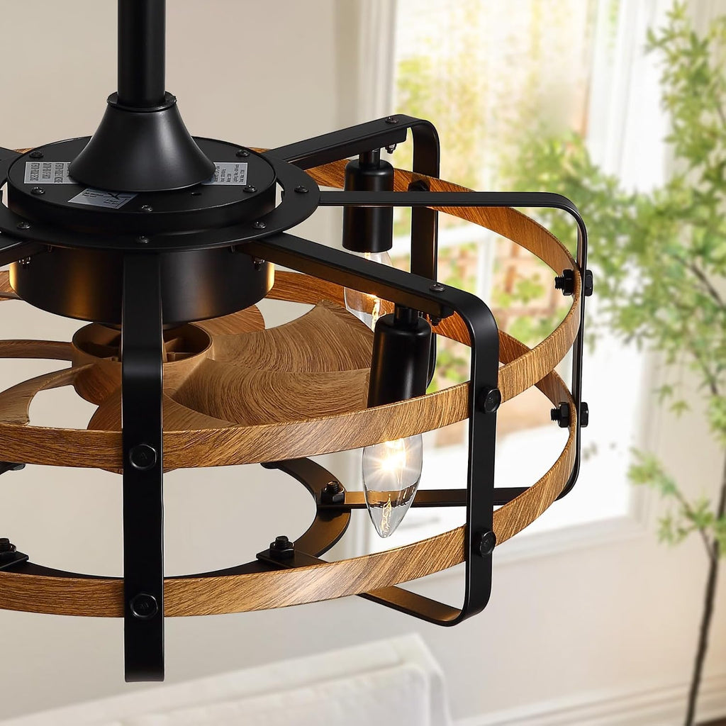 Caged Ceiling Fans with Light Farmhouse, 21 Inch Flush Mount Vintage Fandelier Rustic Chandeliers Ceiling Fan Remote for Bedroom, Kitchen, Living Room, Dining Room (Wood)