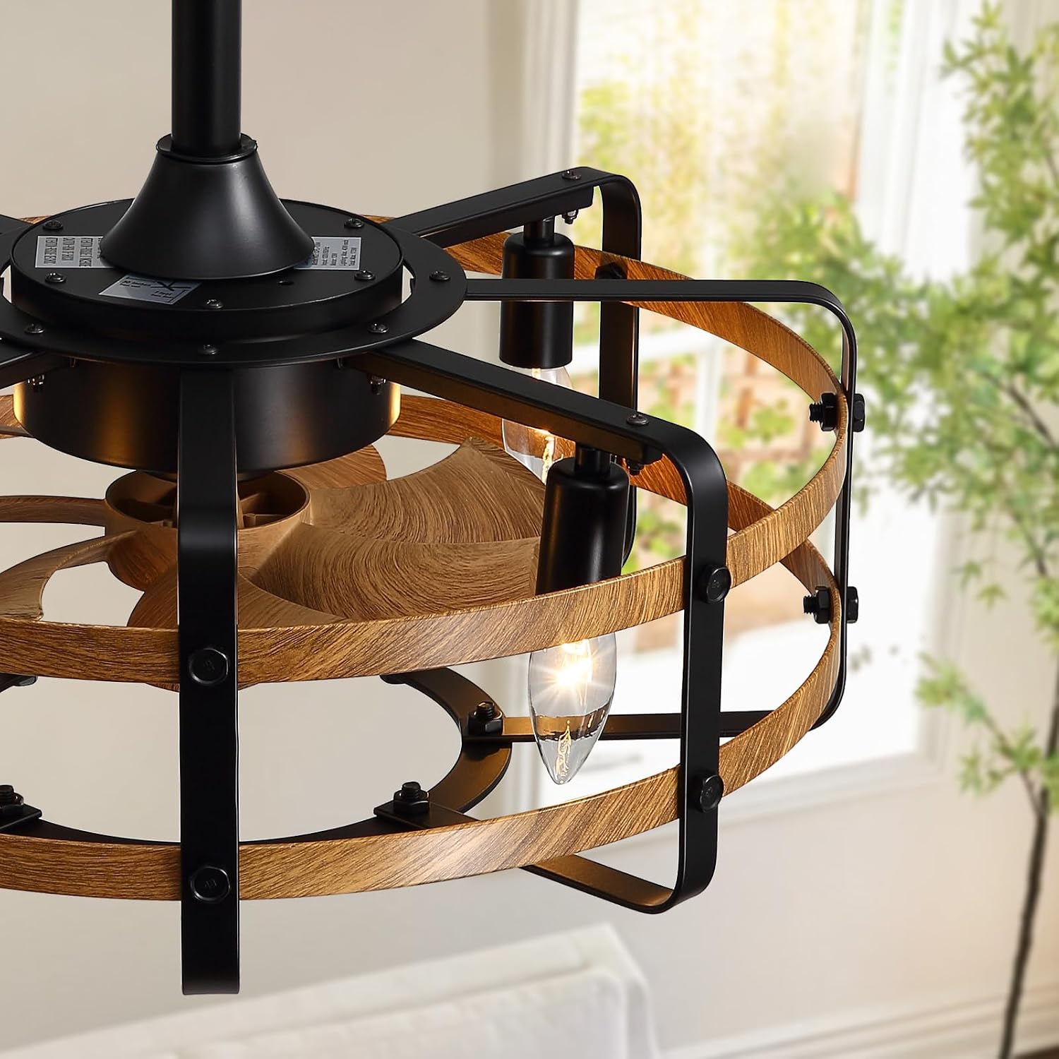 Caged Ceiling Fans with Light Farmhouse, 21 Inch Flush Mount Vintage Fandelier Rustic Chandeliers Ceiling Fan Remote for Bedroom, Kitchen, Living Room, Dining Room (Wood)