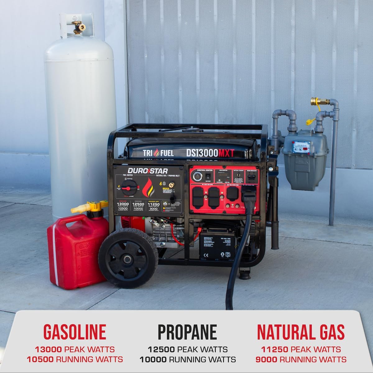 DuroStar DS13000MXT 13,000-Watt 500cc Tri Fuel Portable Generator - Gas, Propane & Natural Gas, Remote Electric Start, Whole Home Power Backup, Transfer Switch Ready, RV & Emergency Ready