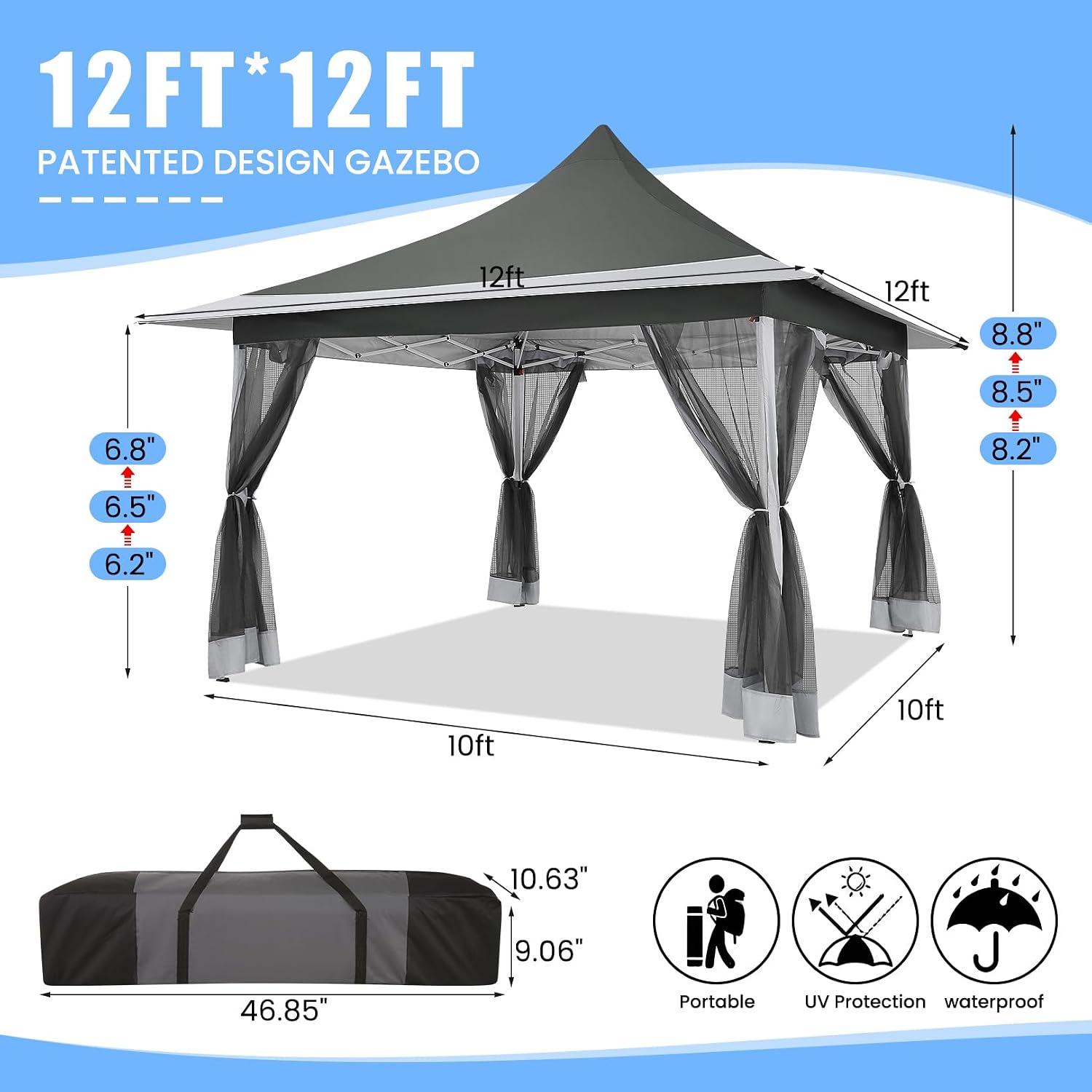 COBIZI 12x12 Pop up Canopy Gazebo on Clearance, Outdoor Canopy Tent with Mosquito Netting & Sandbags,Patio Portable Gazebo for Garden,Backyard & Lawn,Darkgrey