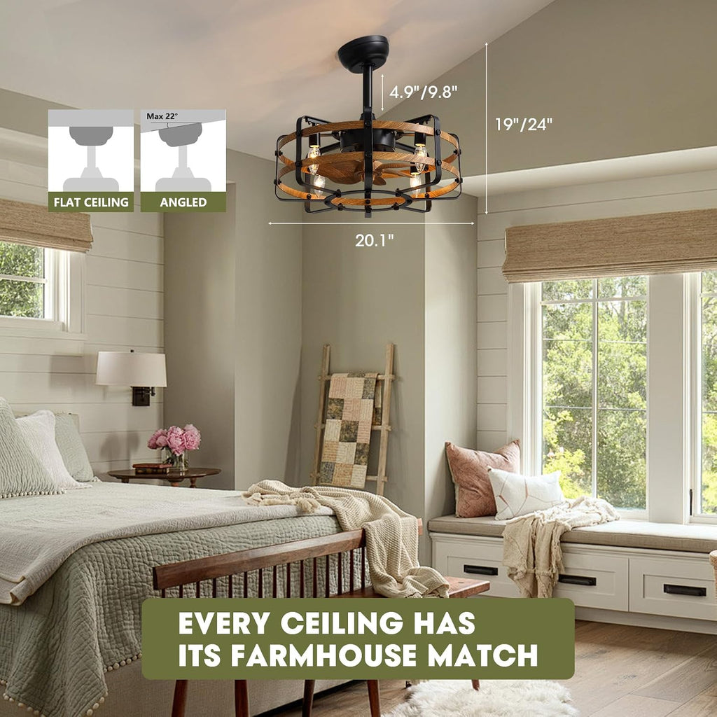 Caged Ceiling Fans with Light Farmhouse, 21 Inch Flush Mount Vintage Fandelier Rustic Chandeliers Ceiling Fan Remote for Bedroom, Kitchen, Living Room, Dining Room (Wood)