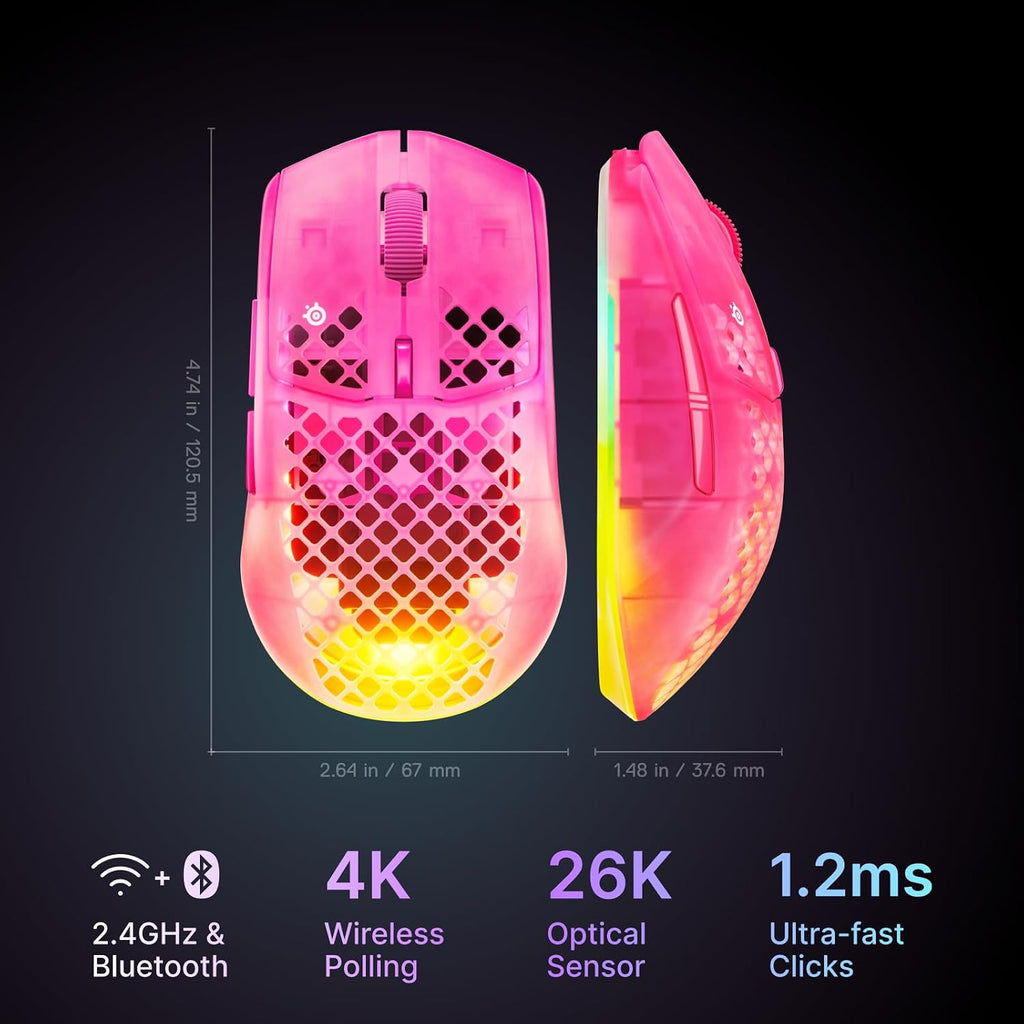 SteelSeries Aerox 3 Wireless Gen 2 - Super-Light 68g Gaming Mouse, 4K Polling, 26K DPI Optical Sensor, 200 Hour Battery, IP54 Water Resistant, 80m Click Durability, RGB, 100% PTFE Feet - Magenta Haze
