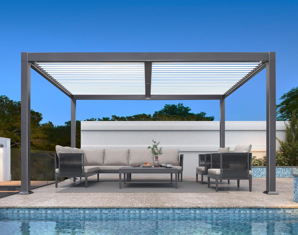 PURPLE LEAF Louvered Pergola 10' x 14' Outdoor Aluminum Pergola with White Adjustable Rainproof Roof Grey Frame Hardtop Gazebo for Patio Deck Garden