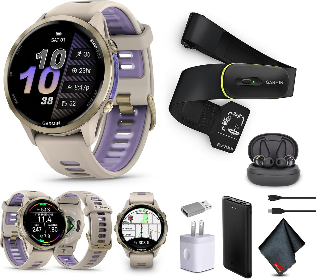 Garmin Forerunner 970 Running Smartwatch, GPS Fitness Watch for Men and Women, Soft Gold Titanium with French Gray Case/Translucent Indigo Band + Access 600 Fitness Monitor, XS-S + More