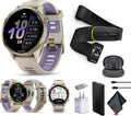 Garmin Forerunner 970 Running Smartwatch, GPS Fitness Watch for Men and Women, Soft Gold Titanium with French Gray Case/Translucent Indigo Band + Access 600 Fitness Monitor, XS-S + More