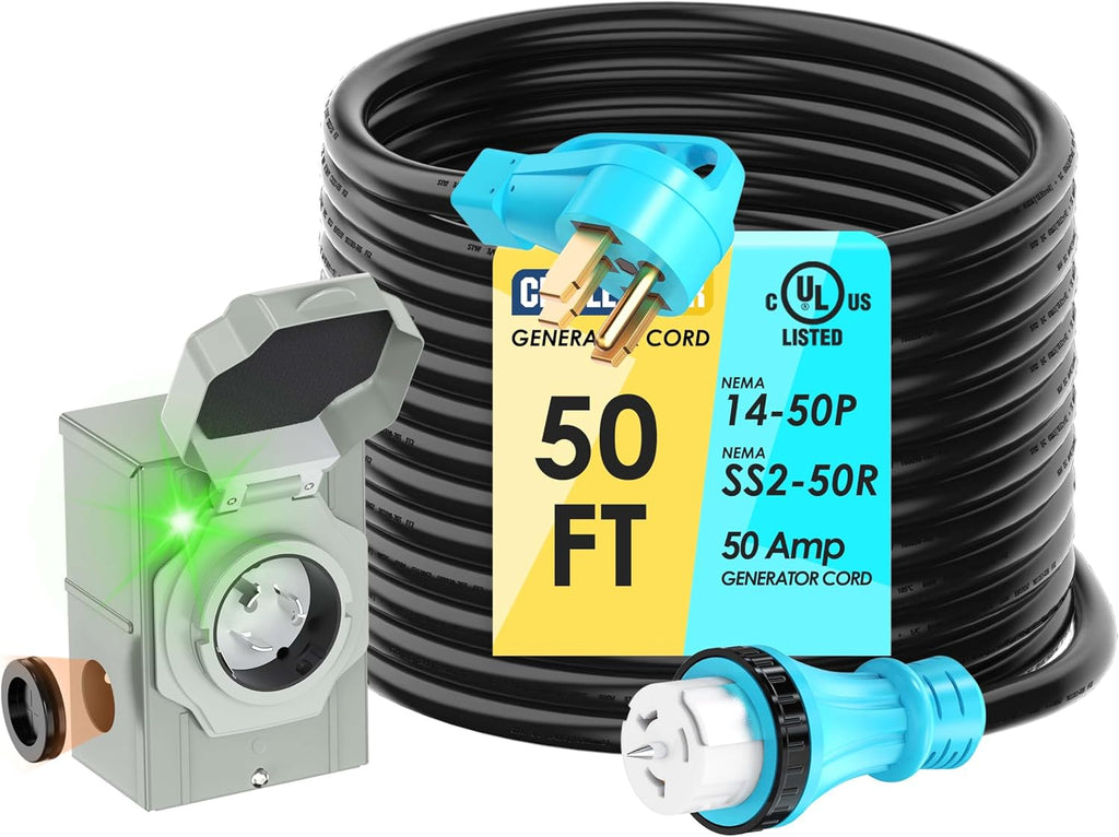UL Listed 50 Amp 50 Feet Generator Cord and Power Inlet Box Combo Kit NEMA 14-50P Male to SS2-50R STW 6/3+8/1 AWG 125/250V Twist Locking with Inlet Box for Generator to House