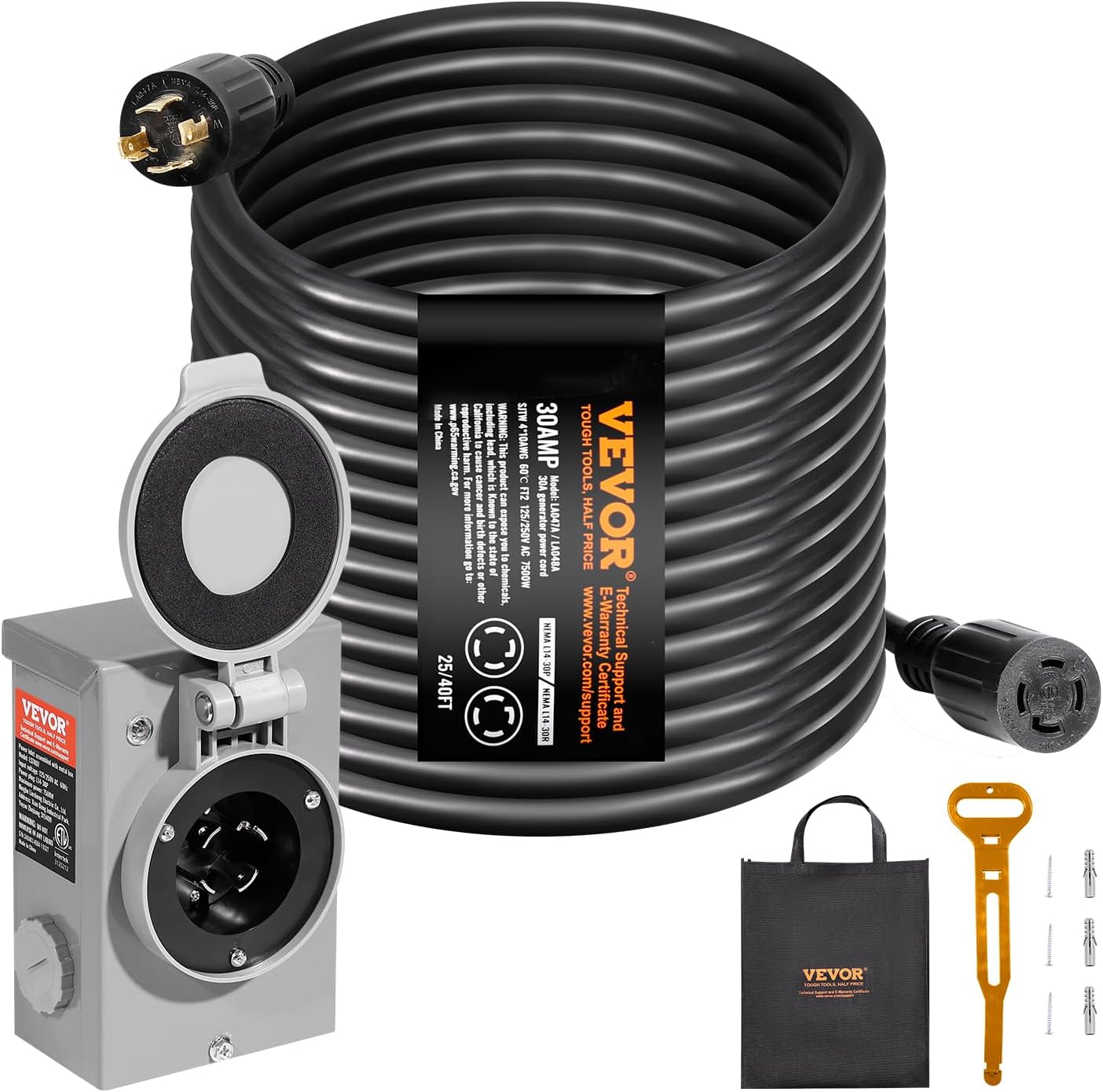VEVOR 30 Amp Generator Cord and Power Inlet Box Kit, 40 FT Generator Extension Cord NEMA L14-30P/L14-30R STW 10 AWG with Twist Lock Connector, Pre-Drilled Inlet Box, ETL Listed
