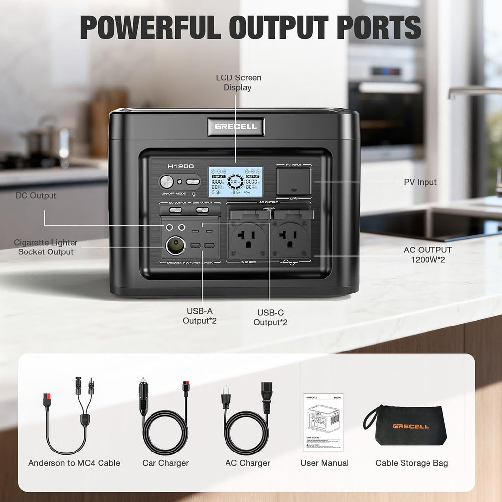 GRECELL 1200W Portable Power Statio with 200W Portable Solar Panel 23.5% High Efficiency Solar Panel, 672Wh LiFePO4 Battery Solar Generator with 9 Output Ports for Outdoor Camping, RV, Travel