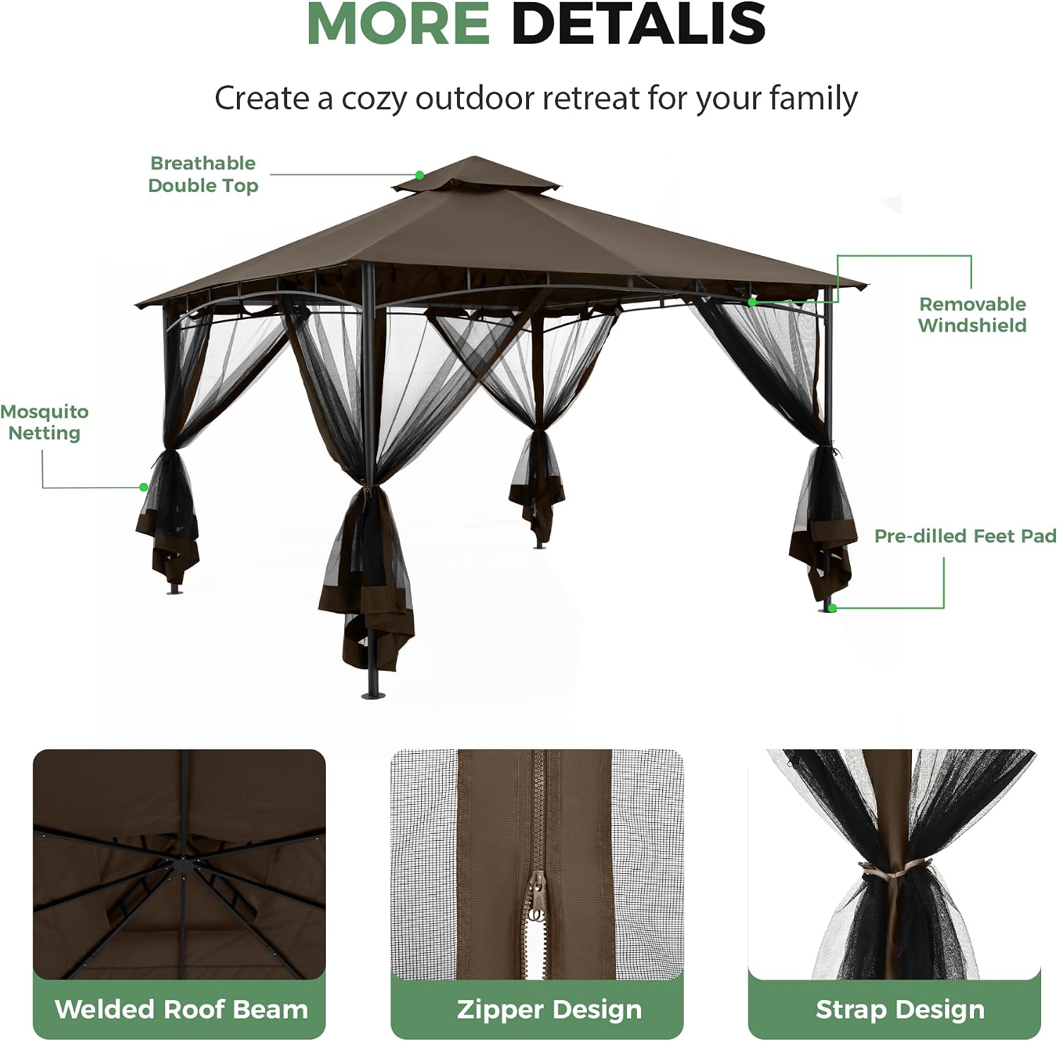 12' X 12' Patio Gazebo with Ventilation Double Roof, Outdoor Gazebo with Removable Mosquito Netting, Easy Up Metal Outdoor Canopy Shelter for Backyard, Garden, Lawn, Brown