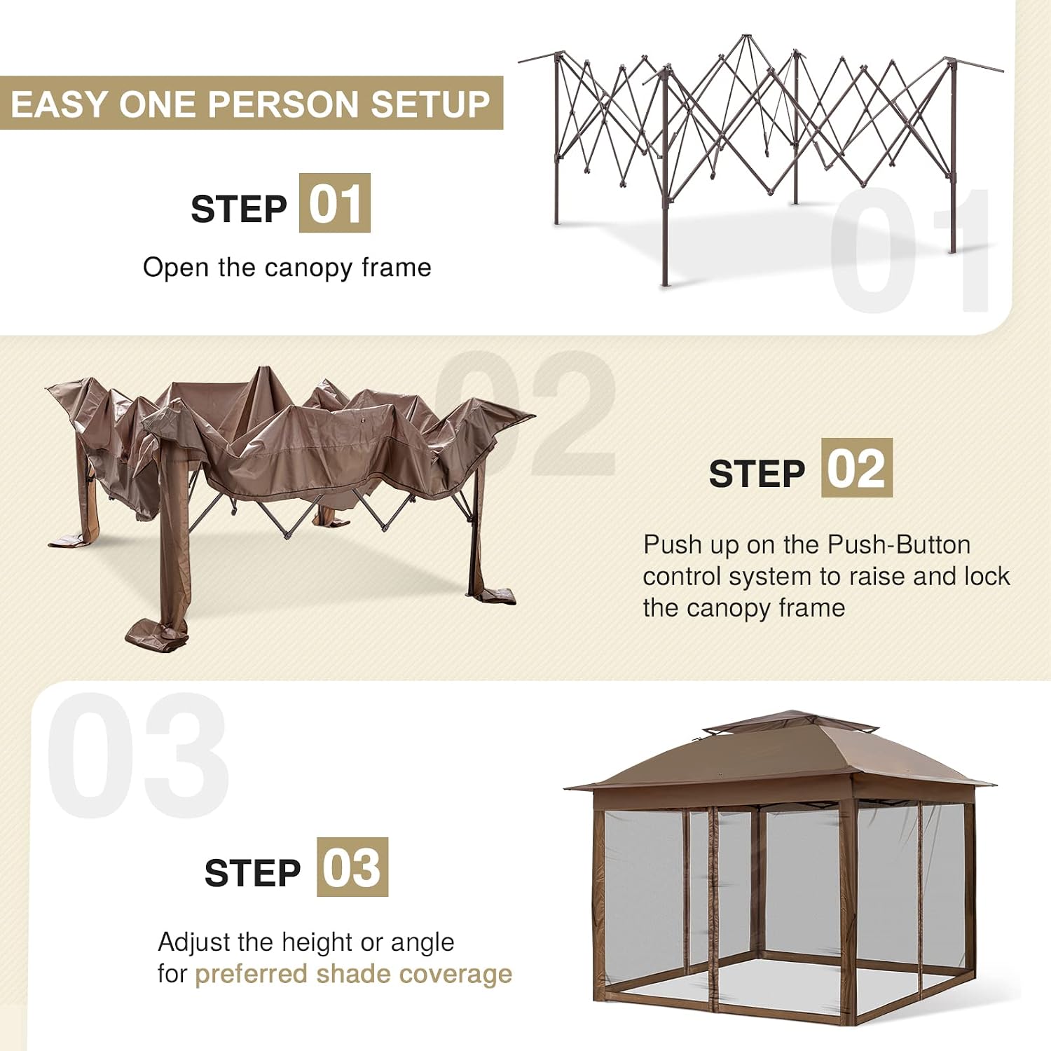 EAGLE PEAK 11x11 Pop Up Gazebo with Mesh Netting, Easy Up Screened Canopy for Patio and Backyard, Easy Set up Outdoor Gazebo (Brown)