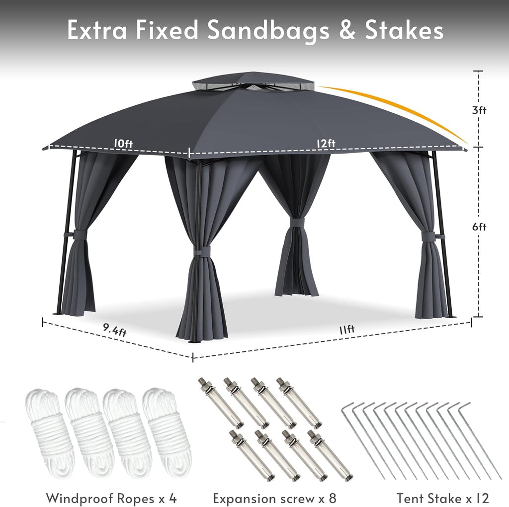 Outdoor Patio Gazebo 10x12, Heavy Duty Metal Frame Canopy Tent Shelter with Double Roof Design, Patio Gazebo with Mosquito Nettings and Privacy Screens for Backyard, Deck, Garden (Dark Grey)