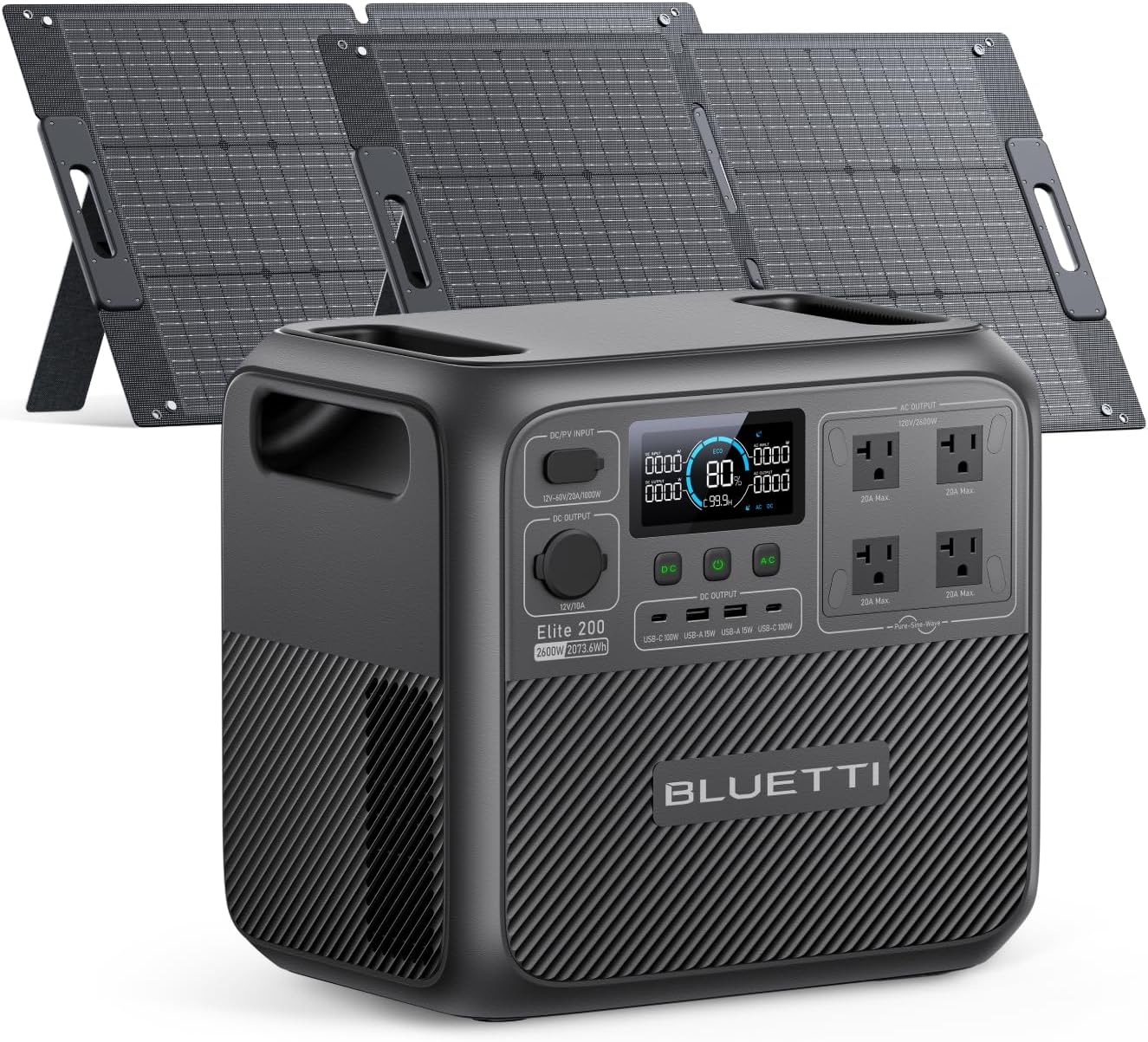 BLUETTI Solar Generator Elite 200 V2 with 2 100W Solar Panels Included, Portable Power Station 2073.6Wh w/ 4 2600W AC Outlets, 17-Year Lifespan LFP Emergency Power for Home Backup, Outages, Camping