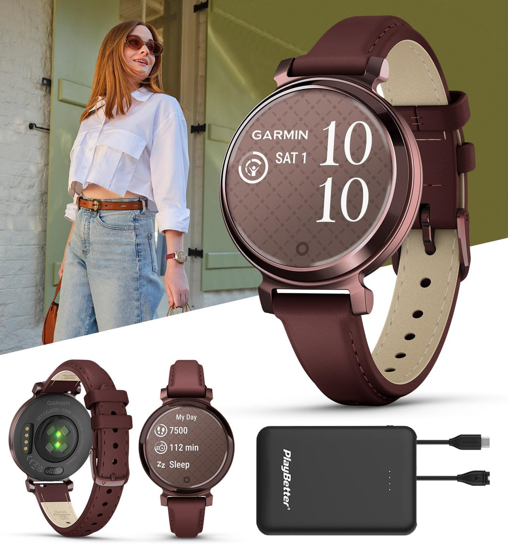 PlayBetter Garmin Lily 2 Classic (Dark Bronze/Mulberry Leather) Women's Fitness Smartwatch Bundle - Ladies Watch with Hidden Display, 5-Day Battery & Garmin Pay - Includes Portable Charger