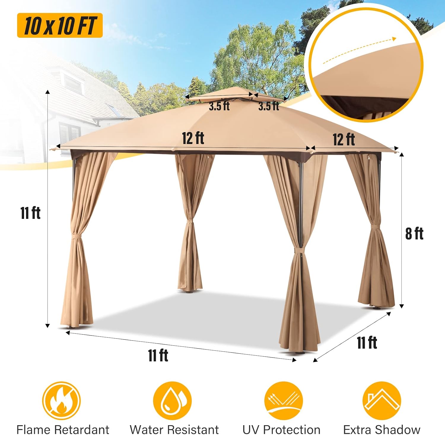 LAUSAINT HOME 10'x10' Patio Arc Gazebo with 50FT String Lights, Outdoor Canopy Tent with Curved Roof Design, Double Tier Top, Khaki
