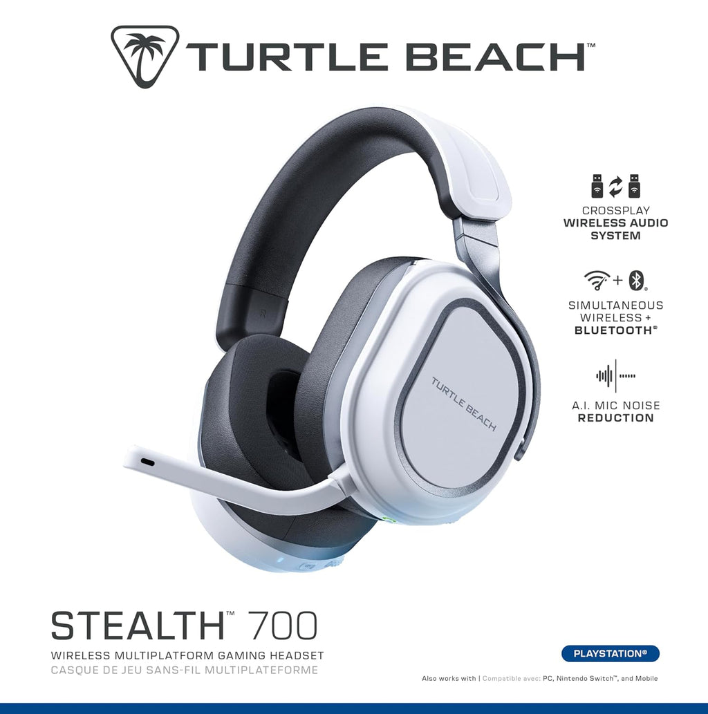 Turtle Beach Stealth 700 Wireless Multiplatform Amplified Gaming Headset for PS5, PS4, PC, Mobile – AI Noise-Cancelling Mic, Bluetooth, Rechargeable Battery, Dual Transmitters, White (Renewed)