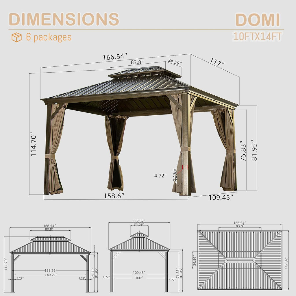 Domi 10' X 14' Hardtop Gazebo Permanent Outdoor Gazebo with Galvanized Steel Double Roof, Aluminum Frame, Curtains and Netting for Patio Lawn and Garden, Brown