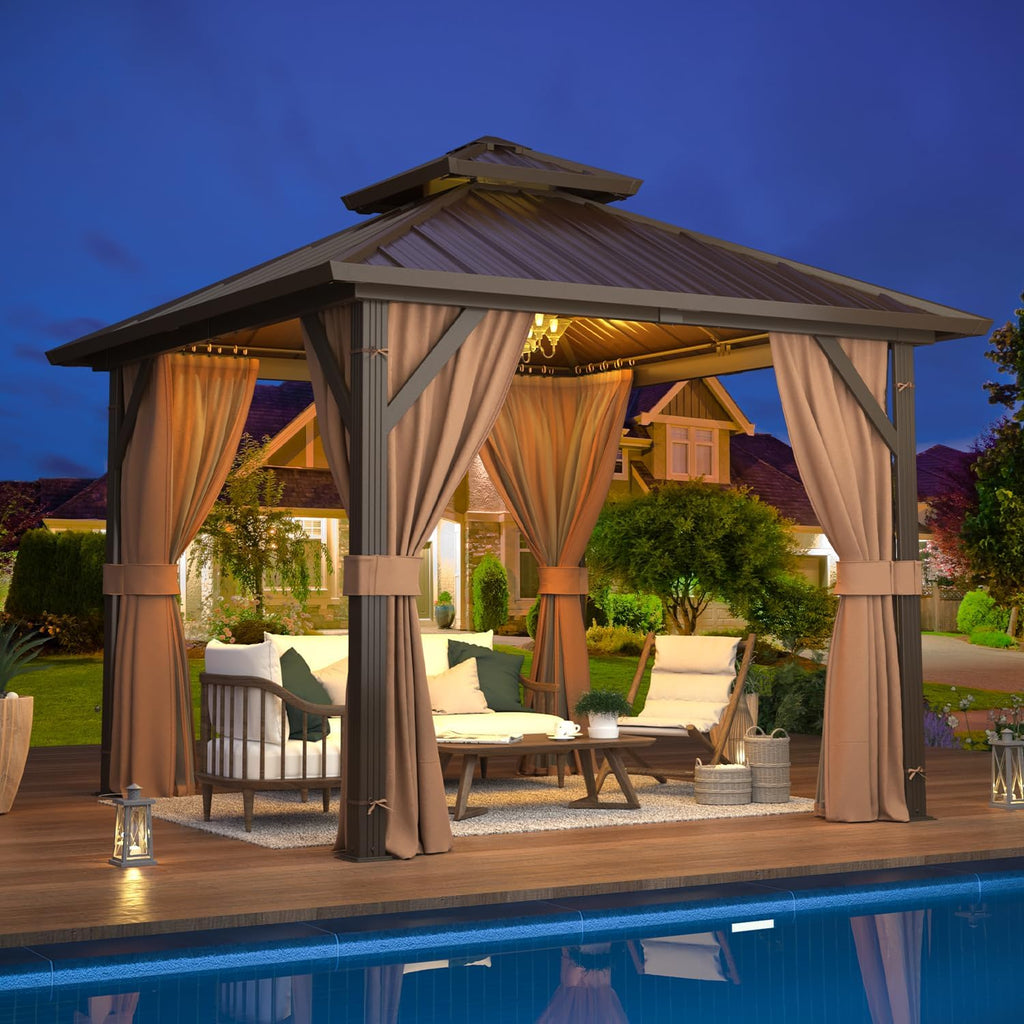 EROMMY 10' x 10' Hardtop Gazebo, Aluminum Frame Gazebos with Galvanized Steel Double Roof, Permanent Outdoor Metal Pavilion with Curtain and Netting for Patio, Lawn, Deck