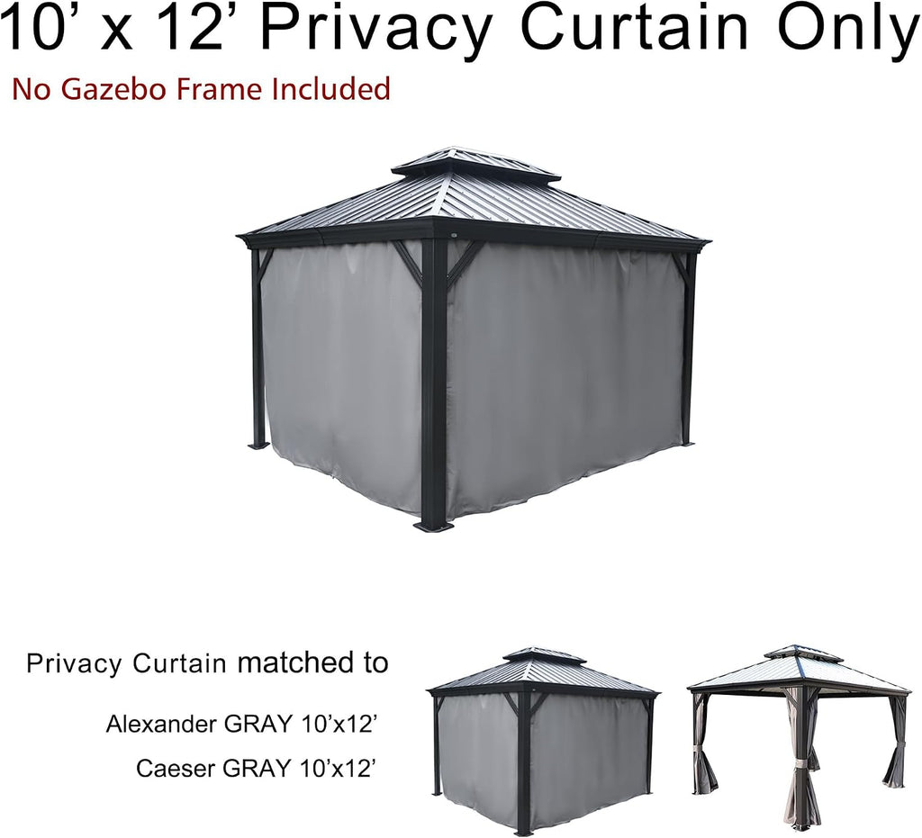 Kozyard 10' x 12'Outdoor Gazebo Privacy Curtain Sidewall, Waterproof Patio Privacy Curtain with Center-Zip Design, Replacement for Hardtop Gazebo Gray