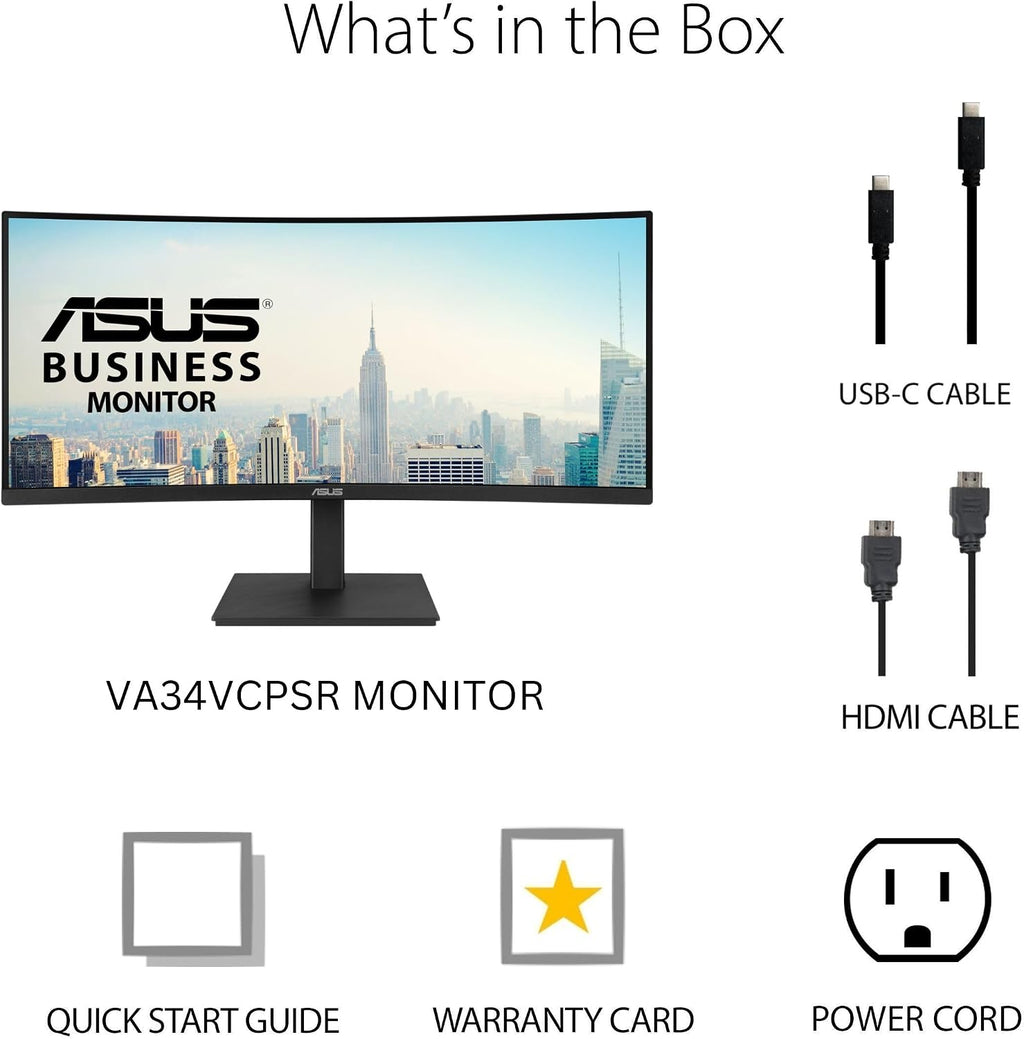 ASUS 34' Curved USB-C Docking Monitor (VA34VCPSR) - WQHD (3440x1440), 1500R Curvature, Frameless, USB-C PD 96W, RJ45, USB hub, Eye Care, Ergonomic, VESA Wall Mountable, 3 yr Warranty