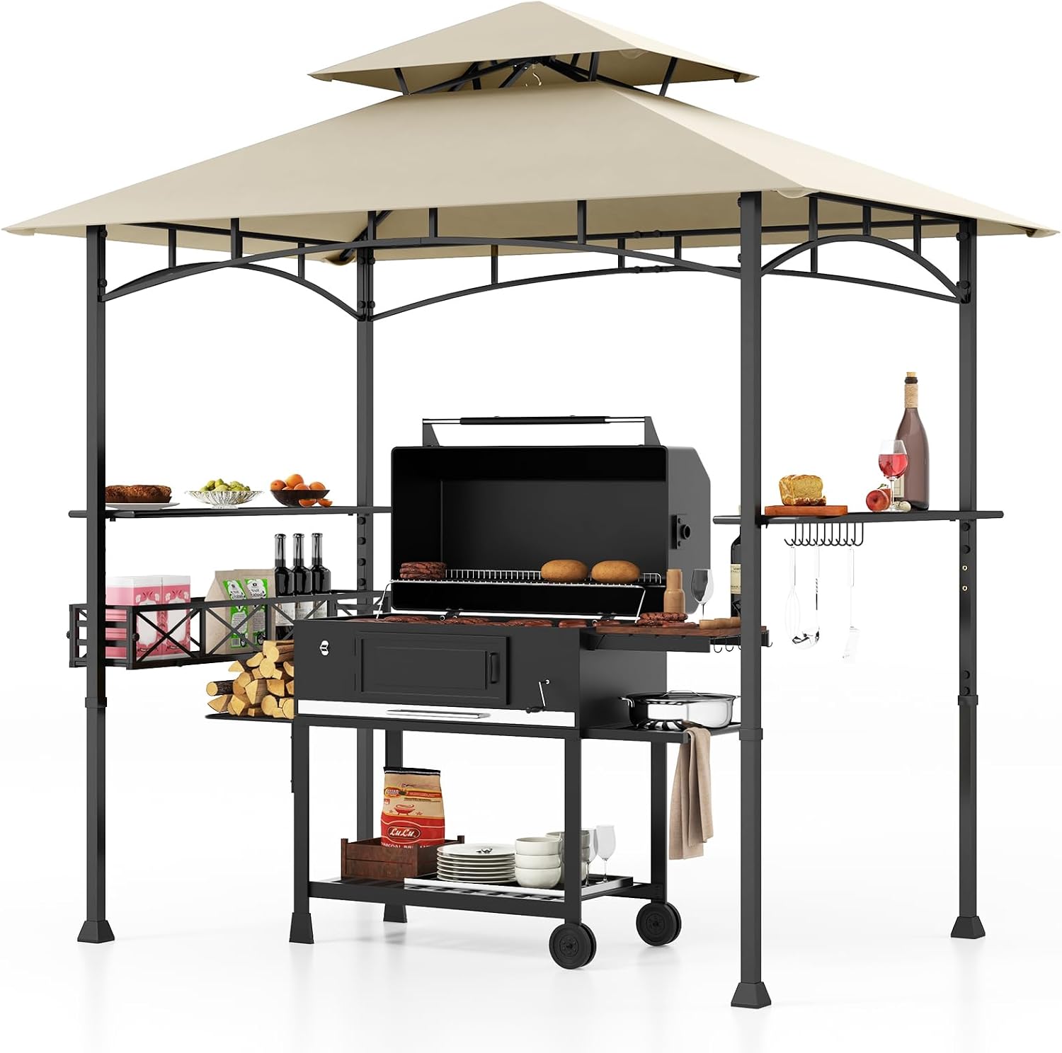 HAPPYGRILL 8 x 5 FT BBQ Grill Gazebo with 2 Side Shelves, Storage Basket, Hanging Hooks, Bottle Opener, Double-Tiered Top, Metal Frame, Outdoor Barbecue Canopy, Grilling Shelter for Patio Garden Yard