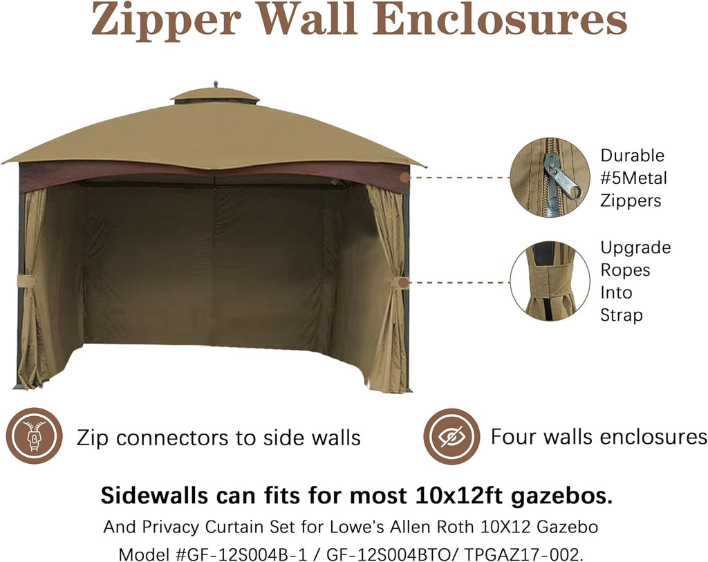 SCOCANOPY Beige 10' x 12' Gazebo Privacy Curtain Set for Lowe's Allen Roth 10X12 Gazebo Model #GF-12S004B-1 / GF-12S004BTO/ TPGAZ17-002