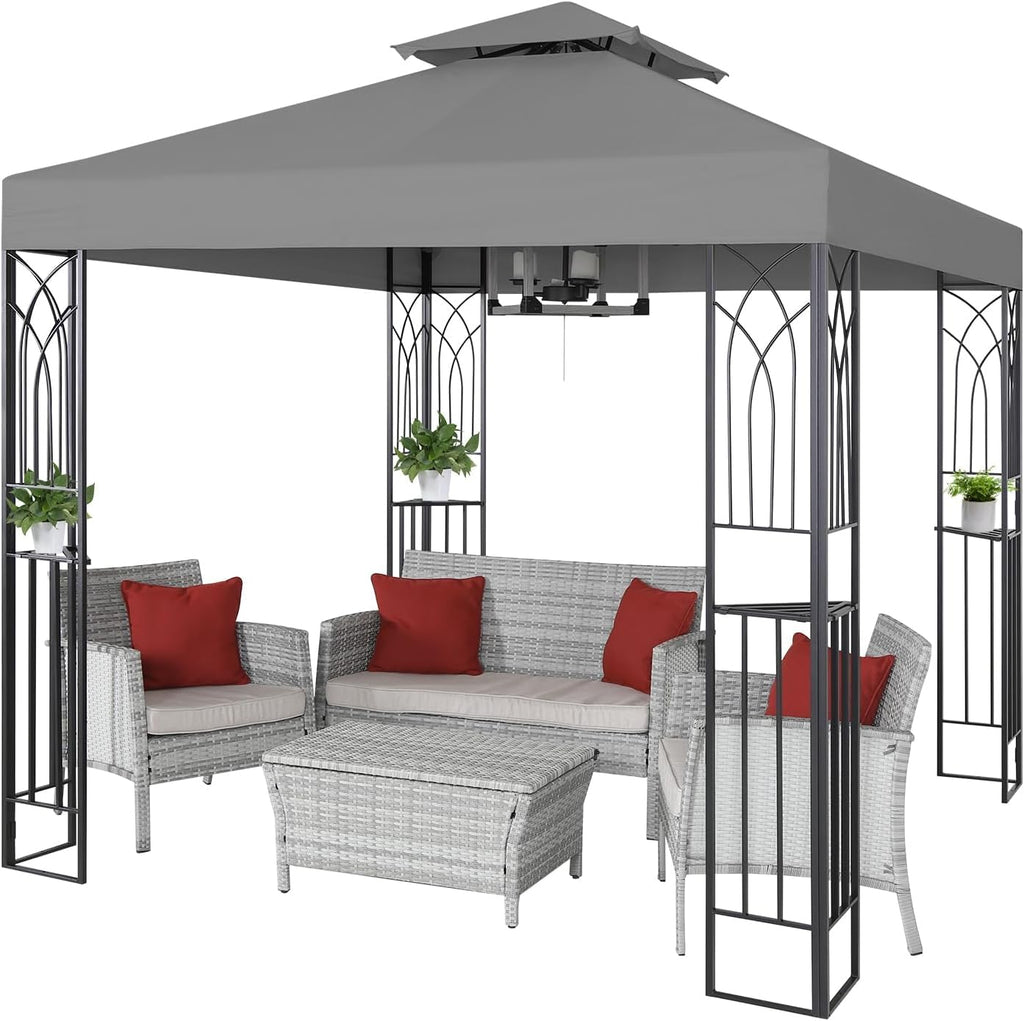 COOS BAY 8x8 Patio Gazebo with Corner Shelves, Two Tier Soft Top Canopy with UV Protection for Backyard, Garden, Lawn, Outdoor Events, Gray
