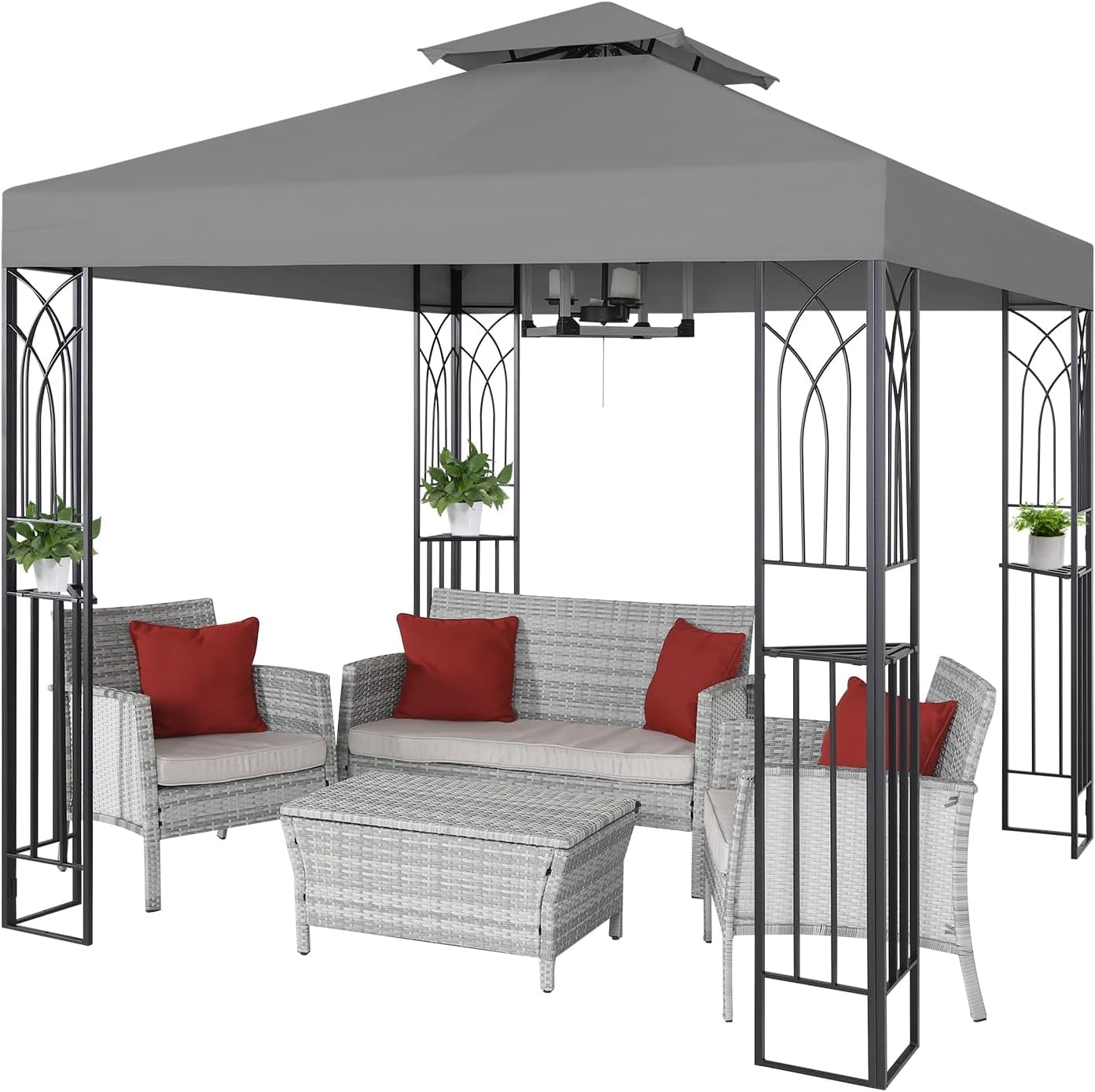 COOS BAY 8x8 Patio Gazebo with Corner Shelves, Two Tier Soft Top Canopy with UV Protection for Backyard, Garden, Lawn, Outdoor Events, Gray