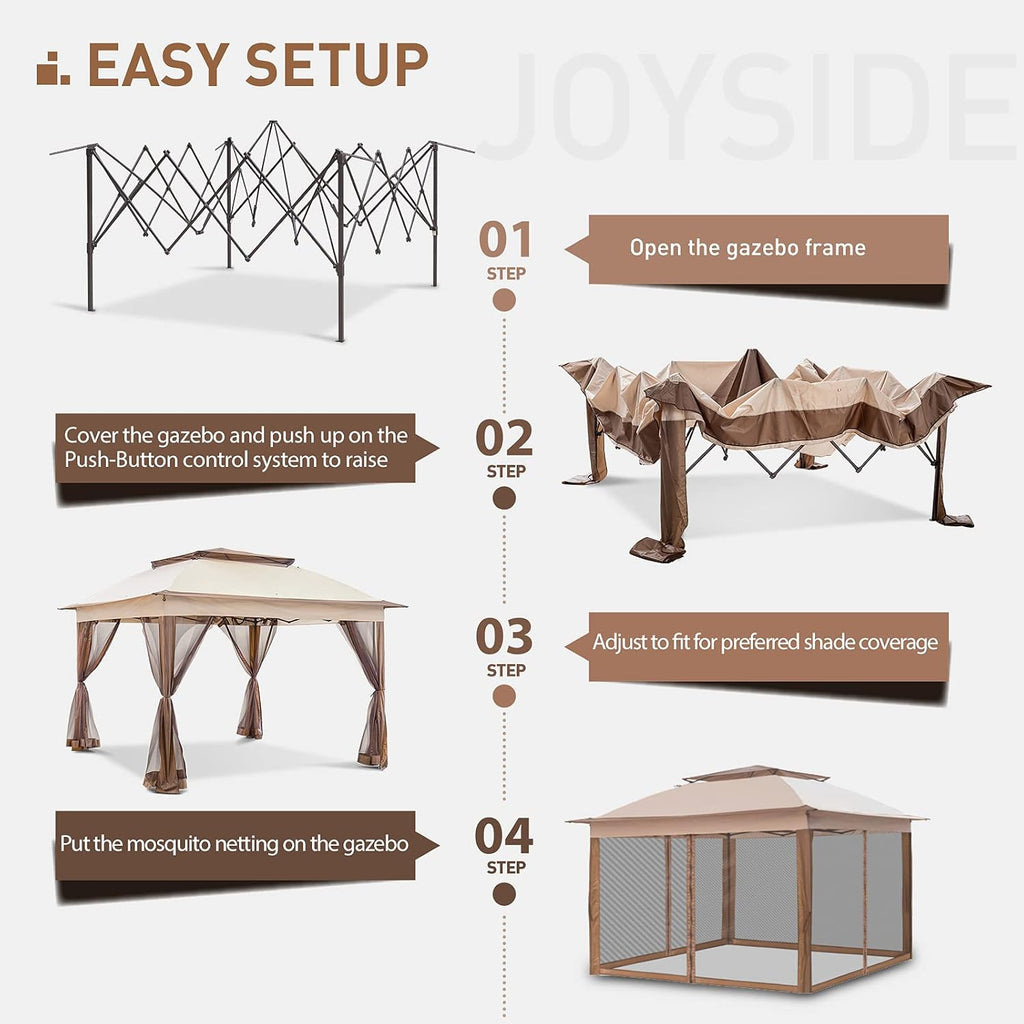 Joyside 11'x11' Pop Up Gazebo for Patio With Sidewalls and Mosquito Netting - Outdoor Canopy Shelter Tent for Weddings (Beige)