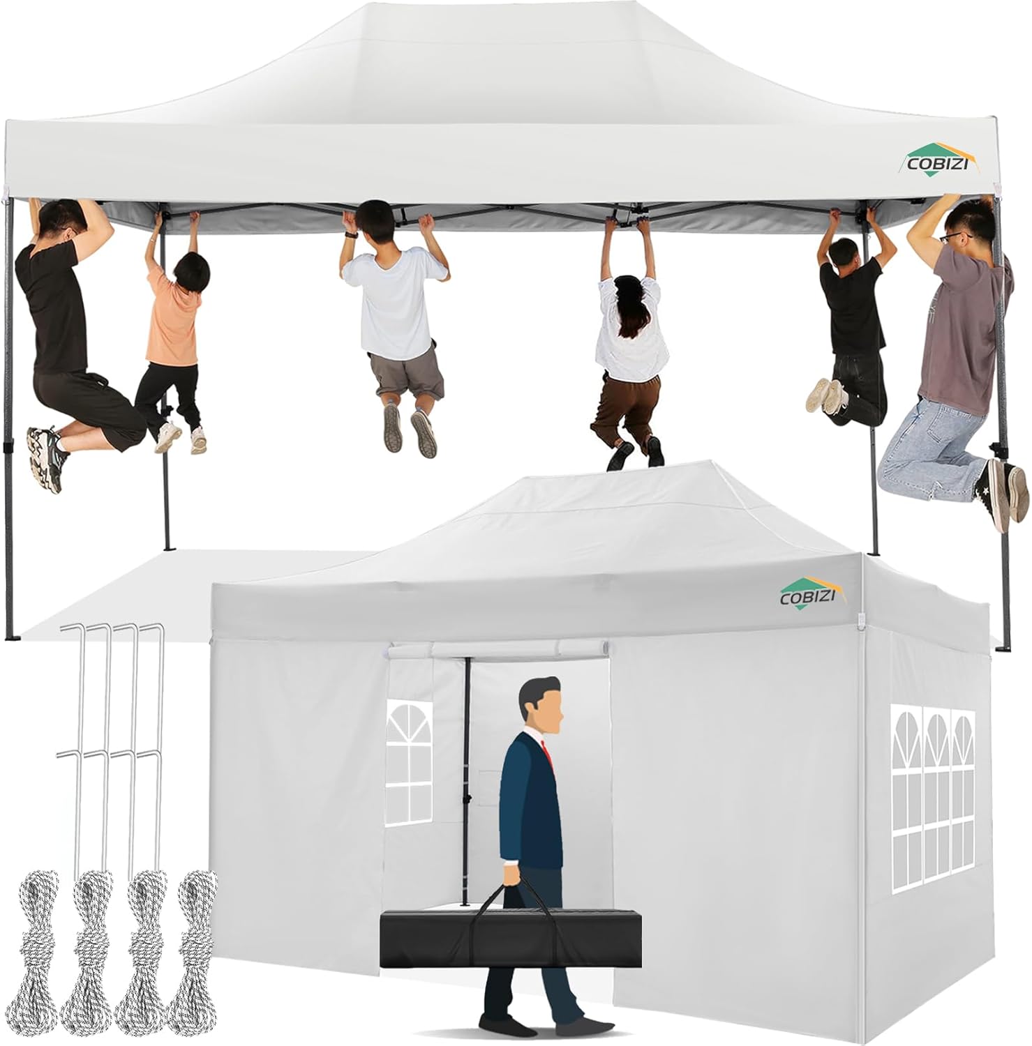 COBIZI 10x15 Pop up Canopy Tent 10x15 Canopy with 4 Sidewalls Waterproof Heavy Duty Commercial for Parties Outdoor Garden Gazebo Tent, Carry Bag(10x15ft, White)