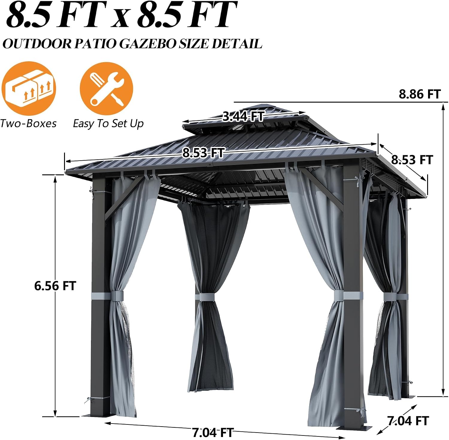 GARTOO 8.5x8.5FT Outdoor Hardtop Gazebo - Aluminum Heavy-Duty Steel Top Gazebo with Breathable Netting & Privacy Curtain, Double Roof Gazebos for Patio, Porch, Garden, Lawn, Deck, Backyard