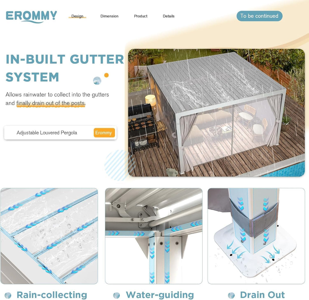 EROMMY Louvered Pergola 10x10, Outdoor Aluminum Pergola with Adjustable Rainproof Roof for Garden, Patio, Deck, Waterproof Curtains and Netting Included, White