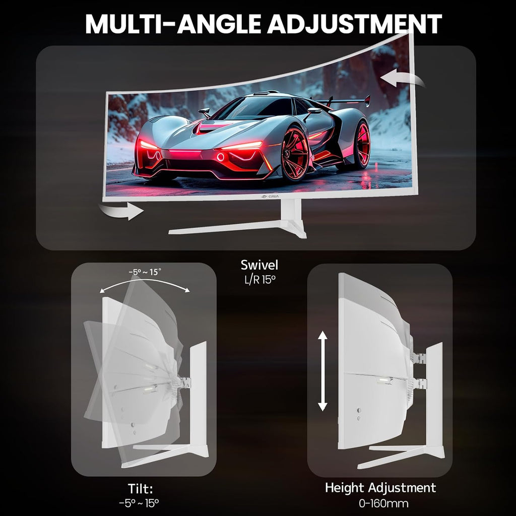 CRUA 49' White Curved Monitor | DQHD(5120 * 1440), 120Hz, 1500R, 32:9, AMD FreeSync, 120% sRGB, Height Adjustable Ultra-Wide Screen Computer Monitors, HDMI 2.1 & DP 1.4, Wall Mount Install