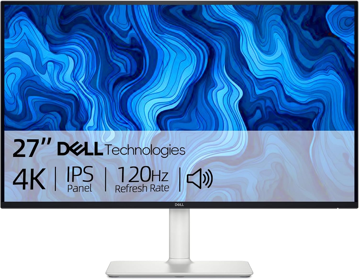 Dell S27 Series 27' 4K Monitor (3840 x 2160) 120Hz, 1500:1 Contrast Ratio, AMD FreeSync Premium, sRGB 99%, Integrated 2x5W Speaker, Height/Tilt/Swivel/Pivot DisplayPort/HDMI - Ash White