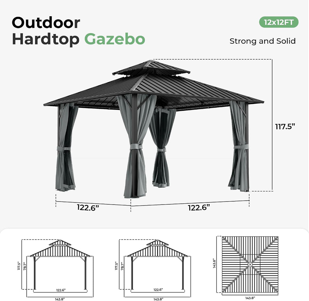 12' x 12' Hardtop Gazebo, Aluminum Frame with Double Galvanized Steel Roof,Permanent Outdoor Gazebo with Netting and Curtains for Backyard, Garden, or Deck, Gray