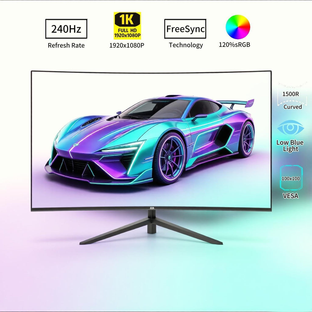 ZZA 32' Curved Gaming Monitor, FHD 1920x1080, VA, 1ms 240Hz, FreeSync Premium, DP 1.4/ HDMI 2.0, VESA Compatible, Tilt Adjustable