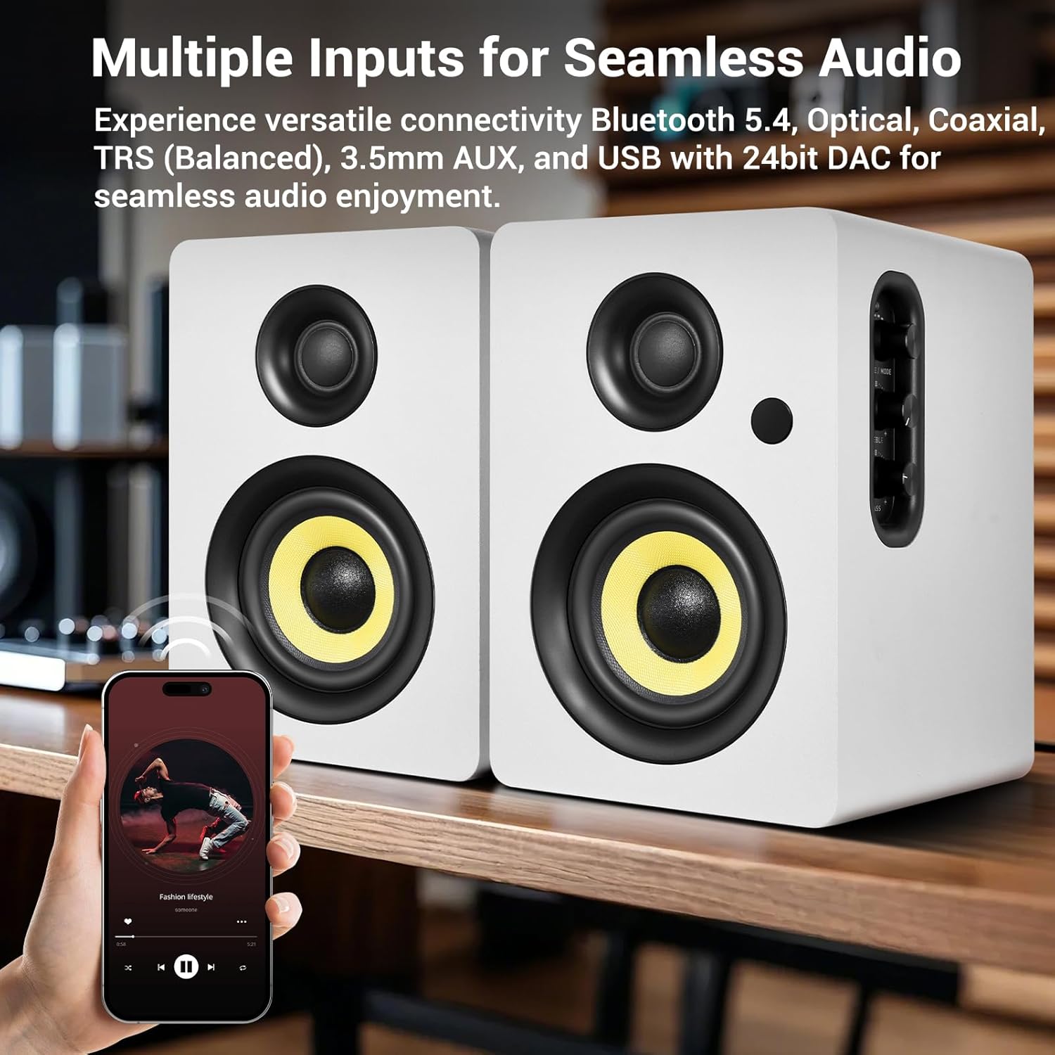 Sanyun SW206 80W Active Dual-Mode Bookshelf Speakers, 4' Studio Monitor & HiFi Mode, Upgraded 3D Sound Field, 6.35mm TRS Balanced, Bluetooth 5.4, Optical Coaxial Aux USB 24bit DAC, White