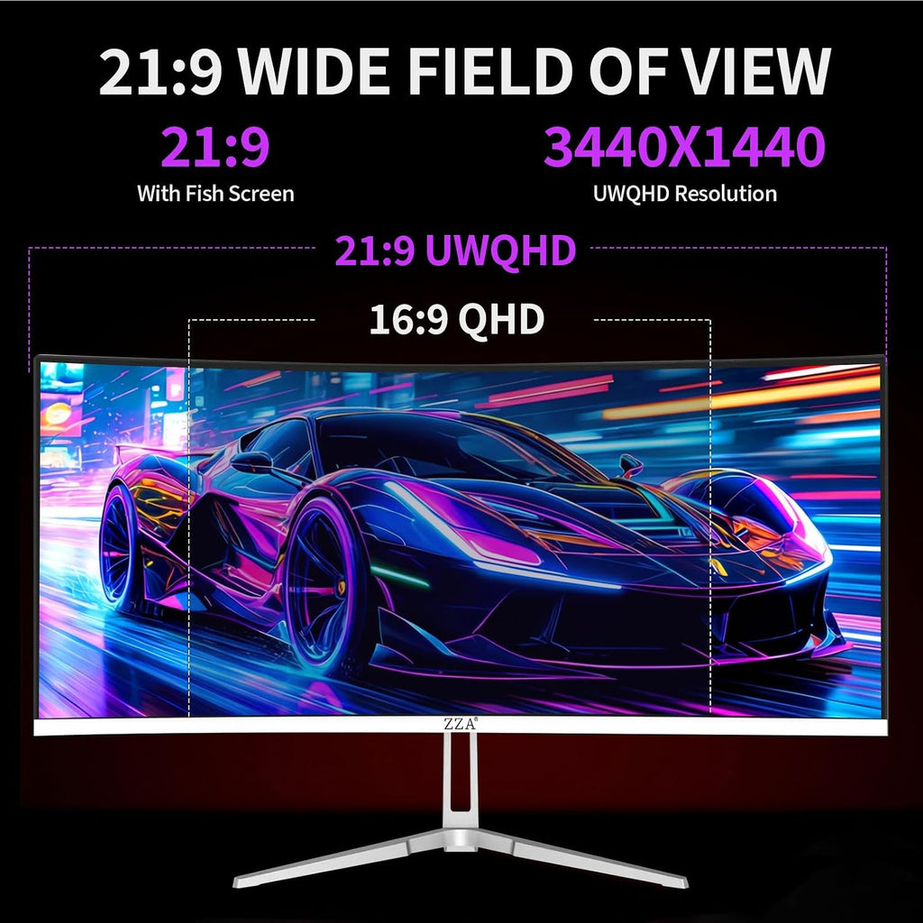 ZZA 34'' Gaming Monitor-165Hz/180Hz WQHD (3440x1440P) Ultrawide 34 White Curved Monitor,FreeSync for Tear-Free Gaming,120% sRGB, HDMI 2.1 & DP 1.4,PBP Mode,Wall Mountable