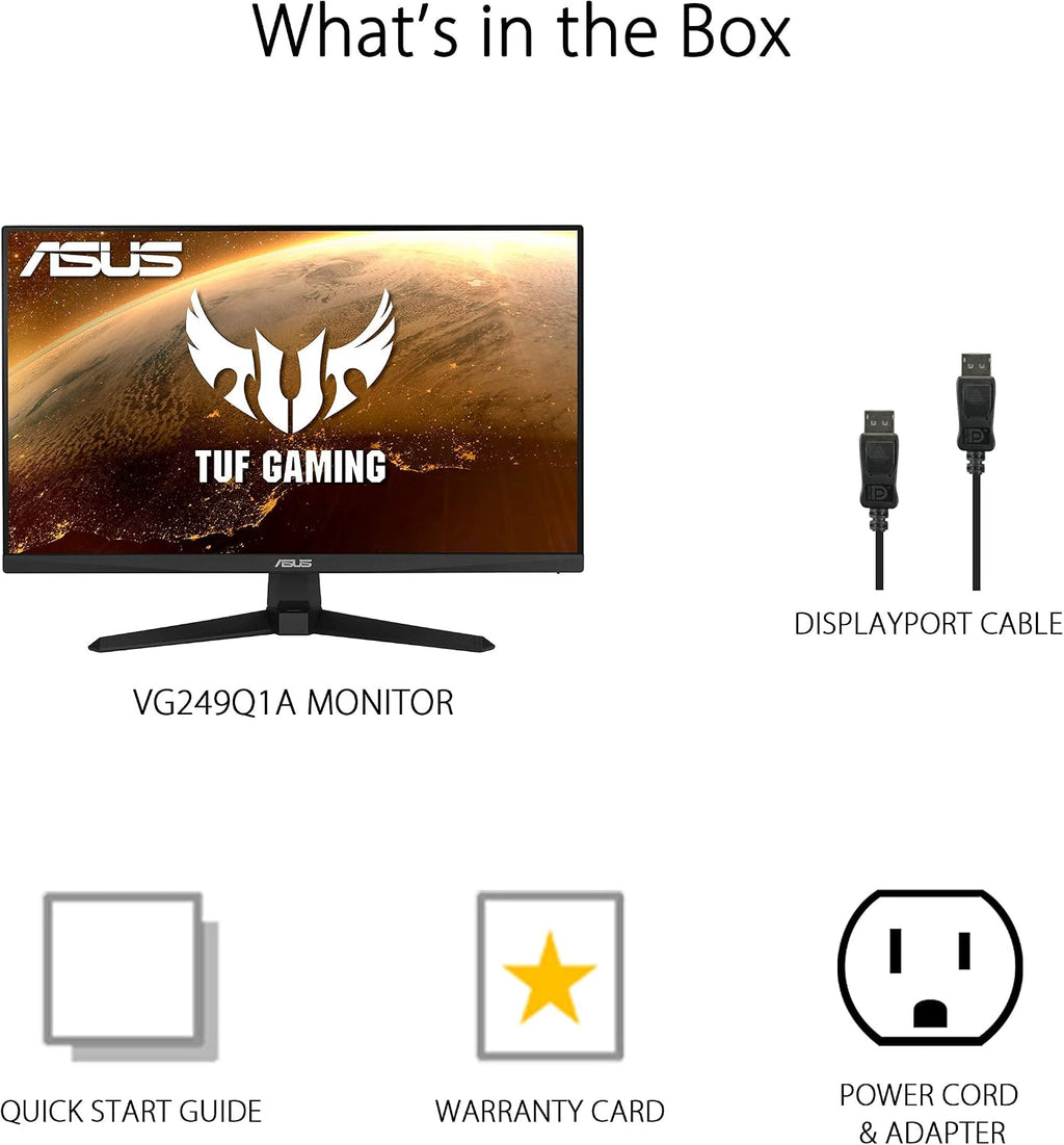 ASUS TUF Gaming 24' 1080P Monitor (VG249Q1A) - Full HD, IPS, 165Hz (Supports 144Hz), 1ms, Extreme Low Motion Blur, Speaker, FreeSync™ Premium, Shadow Boost, VESA Mountable, DisplayPort, HDMI