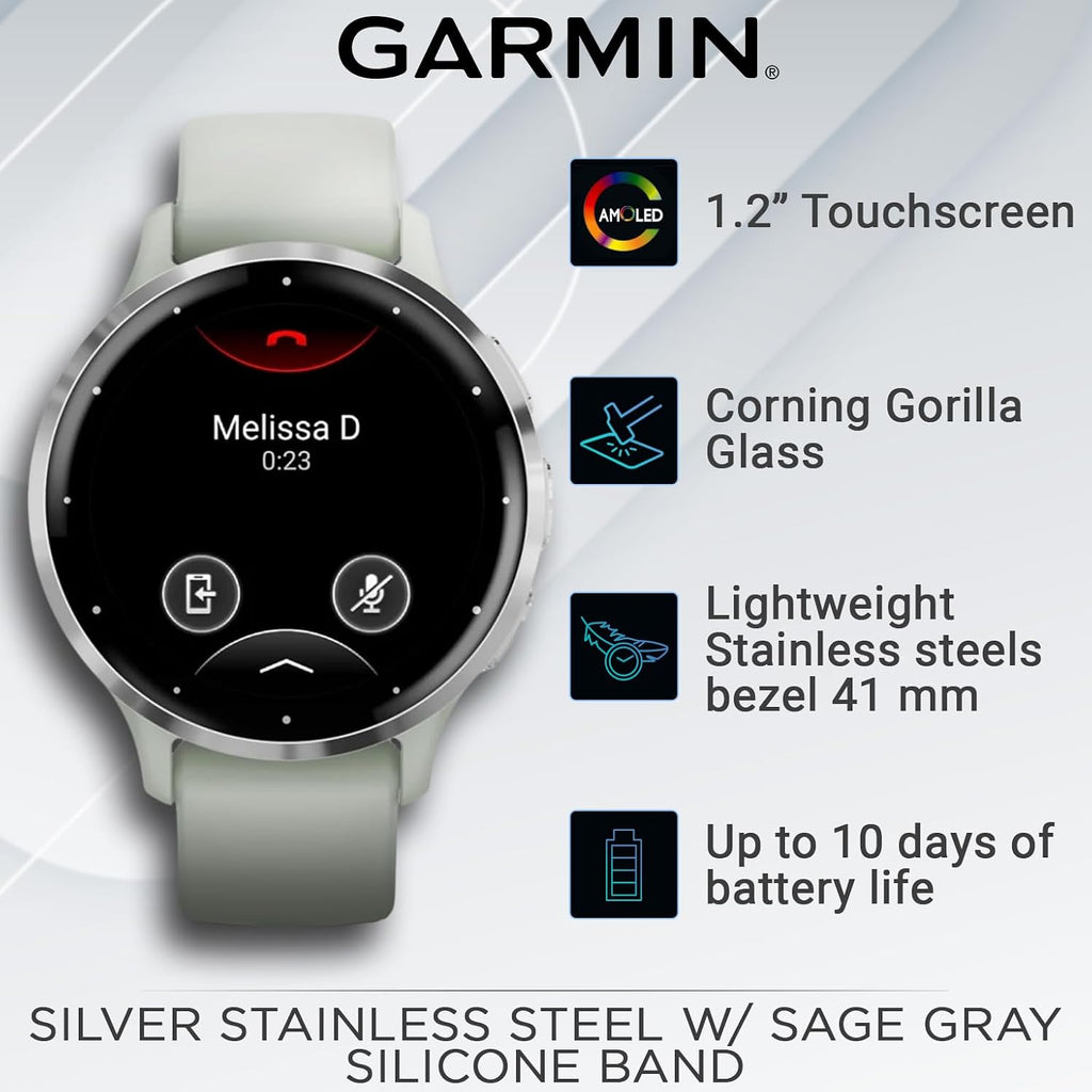 Wearable4 - Garmin Venu 3S GPS Smartwatch, AMOLED Display 41 mm Watch, Health and Fitness Features, Up to 10 Days of Battery, Sleep Coach, Sage Gray with White Earbuds Bundle