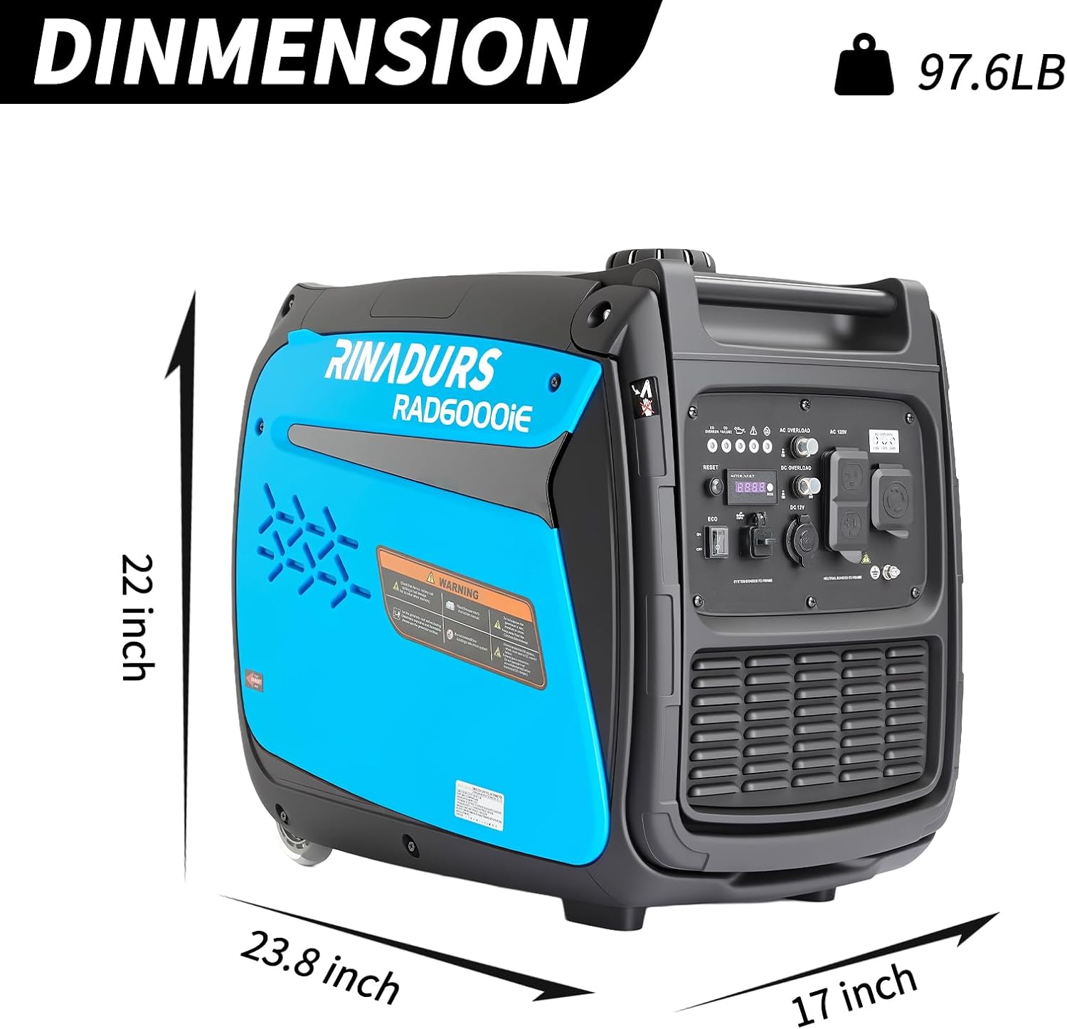 RAD 6000iE Portable Generator, 5500W Peak / 5000W Rated, 223cc Engine, ECO Mode, CO Detection, Ideal for RV and Home Backup Power