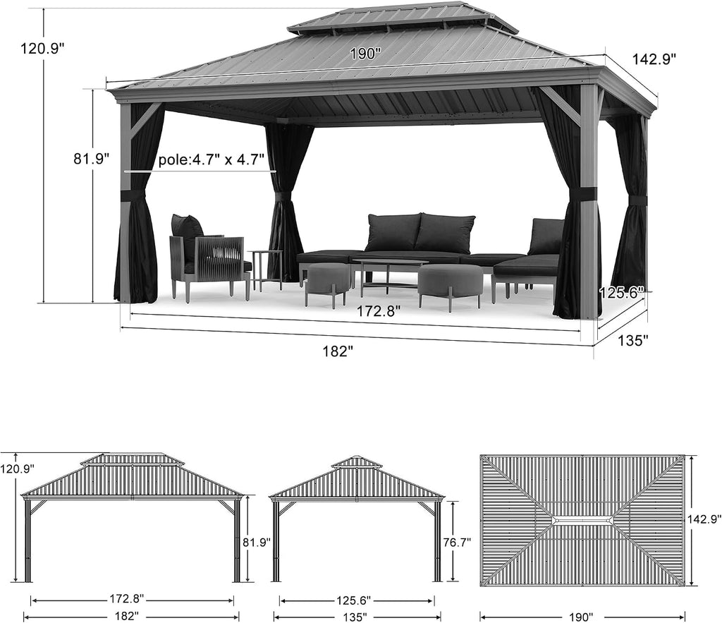 PURPLE LEAF 12' x 16' Hardtop Aluminum Gazebo with Double Metal Roof Heavy Duty Permanent Gazebo for Patio Deck Lawn Garden All Weather Outdoor Pavilion Gazebos, Light Grey