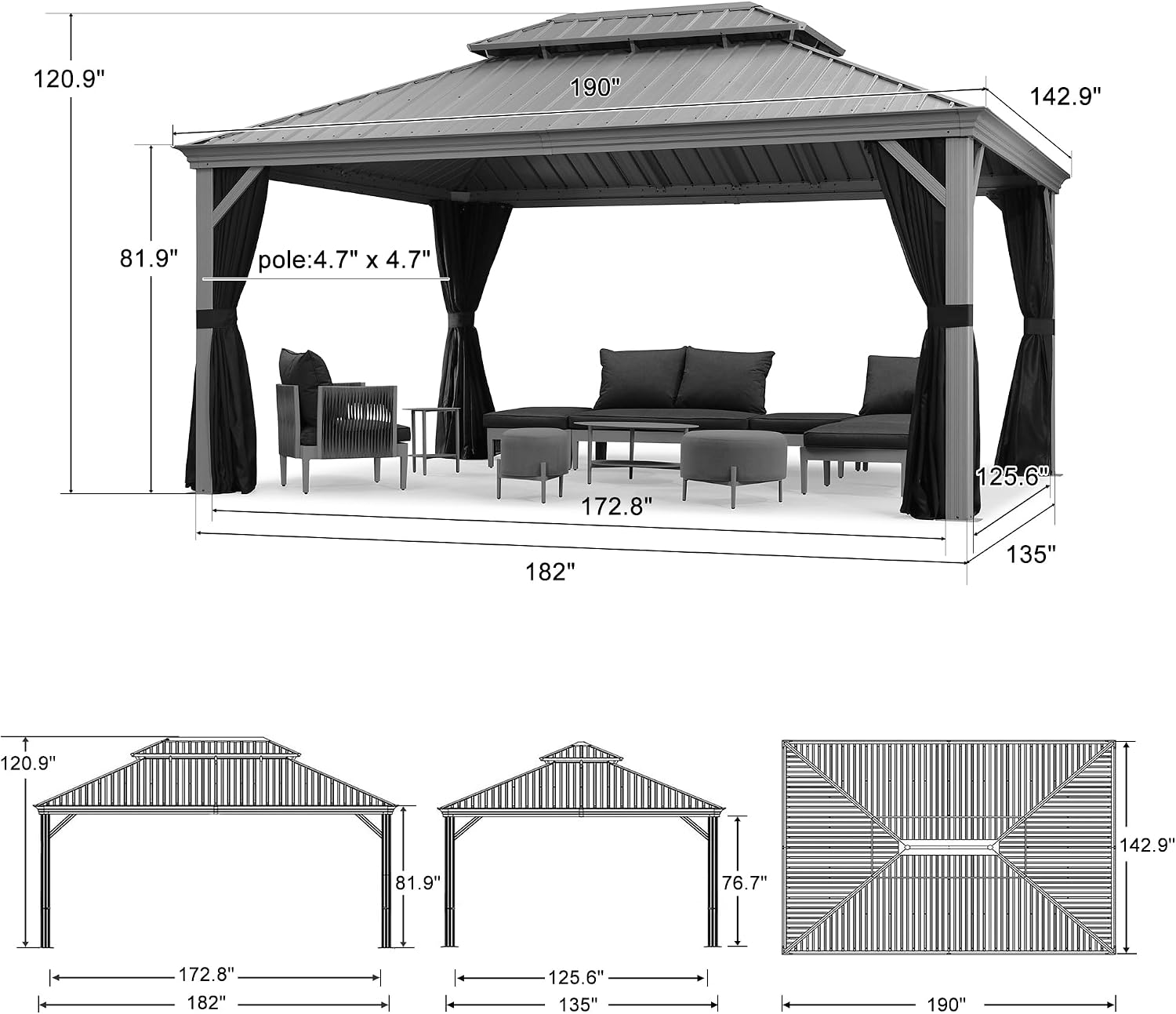 PURPLE LEAF 12' x 16' Hardtop Aluminum Gazebo with Double Metal Roof Heavy Duty Permanent Gazebo for Patio Deck Lawn Garden All Weather Outdoor Pavilion Gazebos, Light Grey