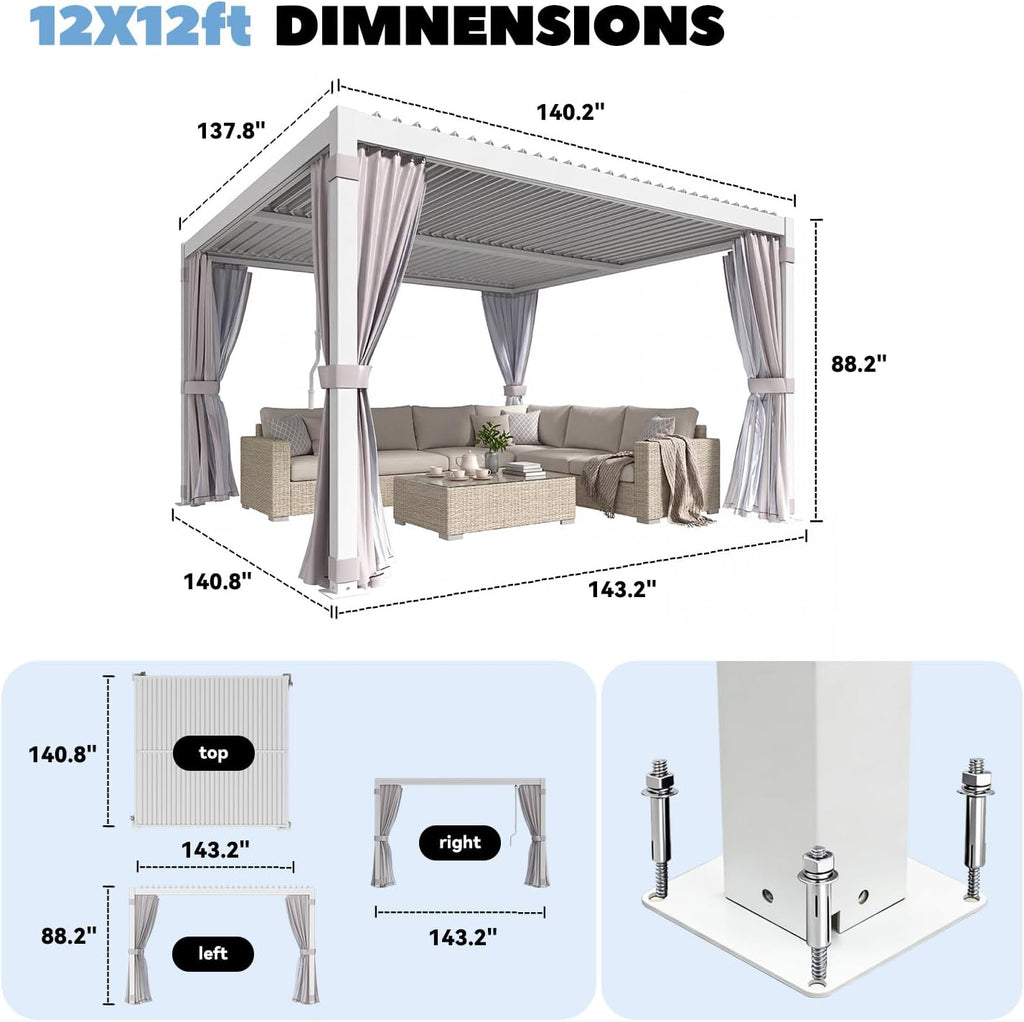 MELLCOM Louvered Pergola 12x12, Steel Aluminum Pergola with Adjustable Louvered Roofs, Outdoor Gazebo with Waterproof Curtains and Nets, White